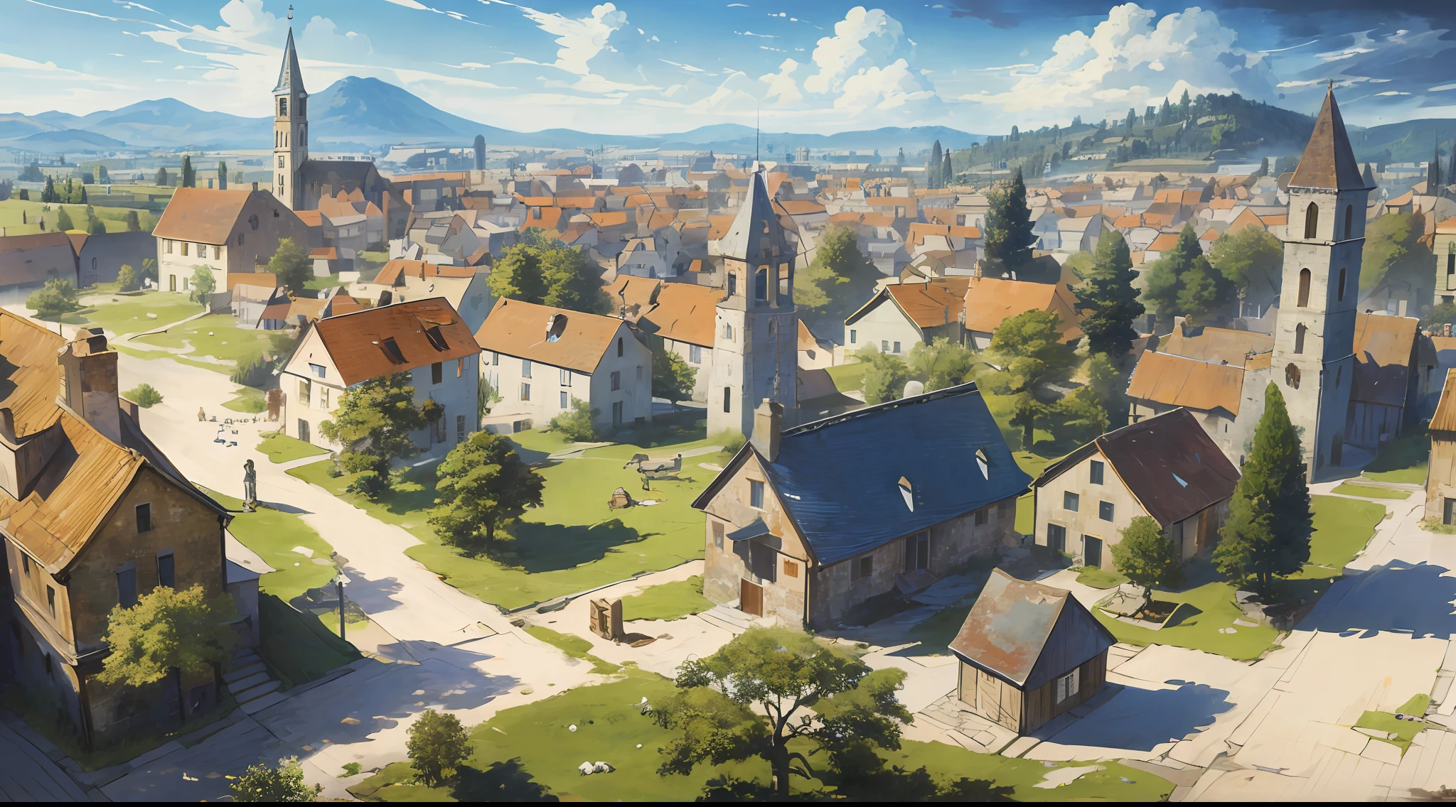 ((masterpiece)),((best quality)),((high detail)),((realistic,)) ((ultra detailed)) landscape of a small medieval town, cartoonist illustration, aeria view, beautiful sky, deformed clouds, 1.3:pine trees, towers, people walking