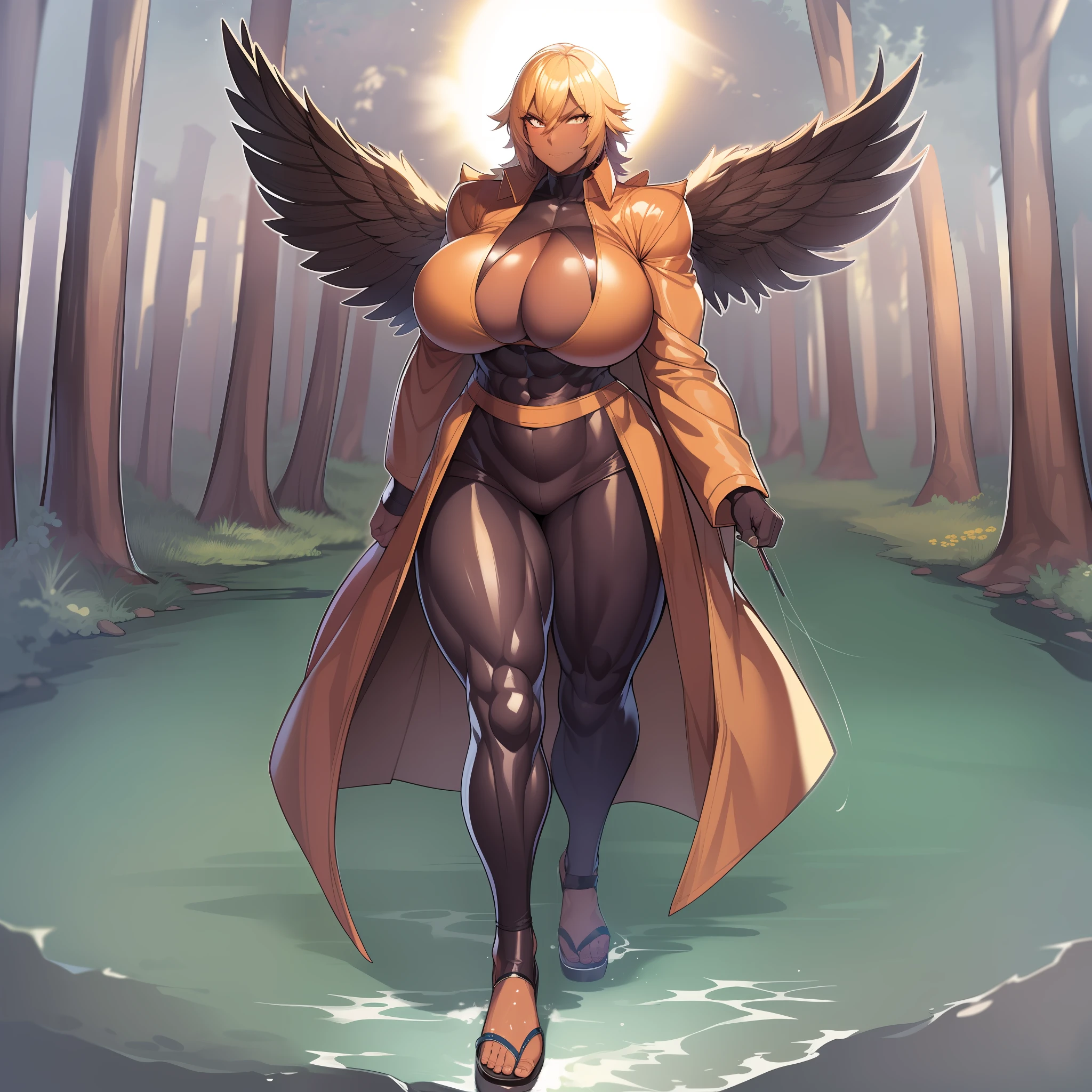 Muscle girl, dark-skinned woman, big chest, wings, happy,, coat jacket, pants, portrait, 1character, full body, walking, long dress, medieval, village, farm, angel halo, forest,flipflops,blond hair,, leopard cloths, coat, buttler, victorian cloths