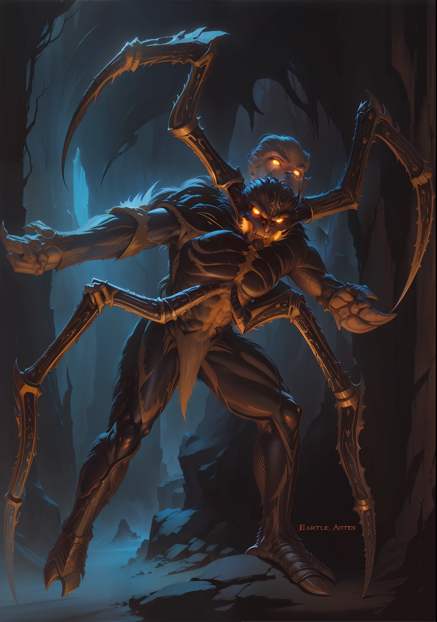 Concept art, rpg style, larry elmore, boris vallejo, julie bell, jeff easly, gerald brom, ad&d art, oil effect, digital painting, character, underdark, caves and darkness, humanoid head and arachnid eyes, dark fur