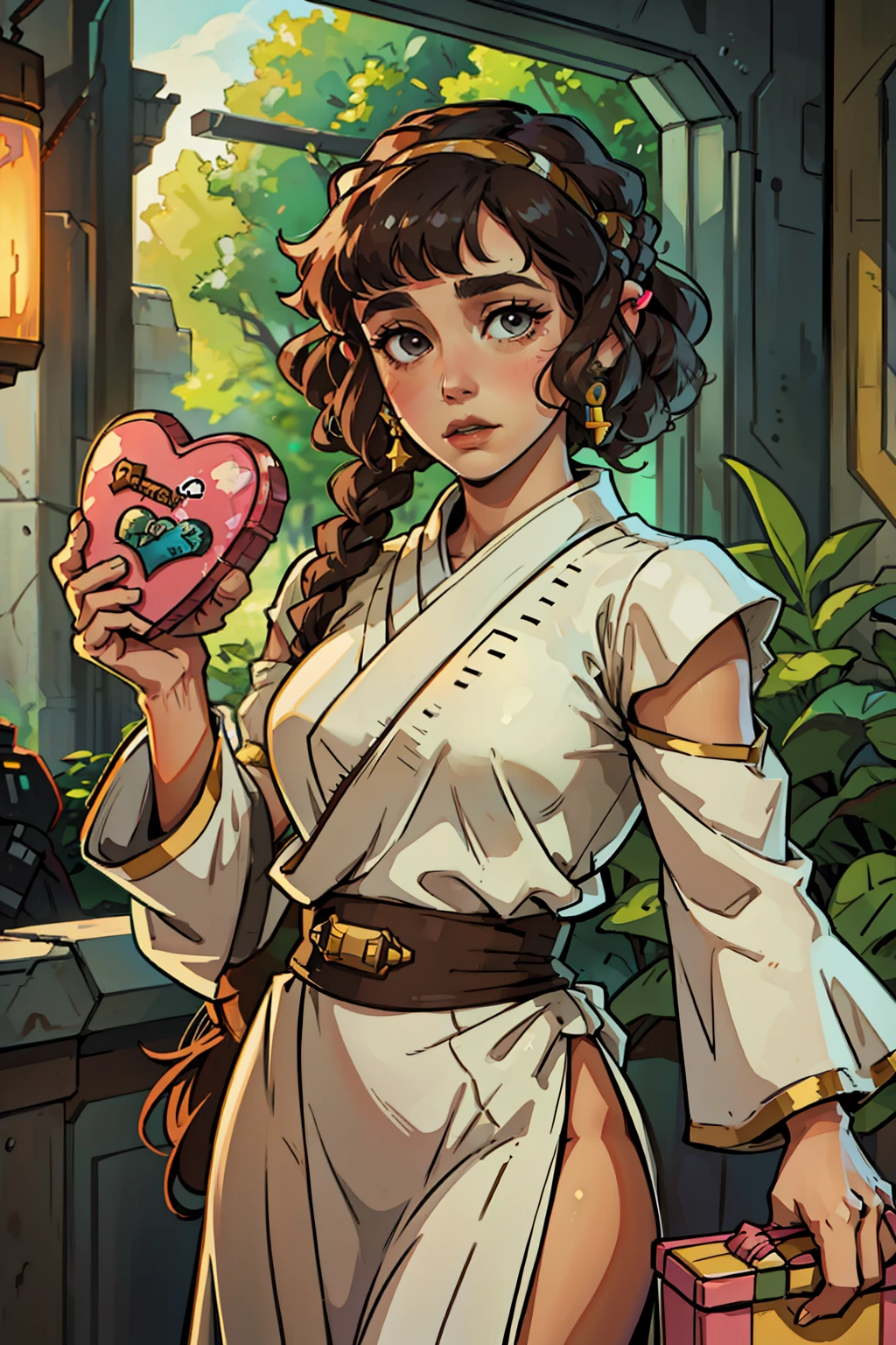 Princess Leia from the Dtar Wars movies, with her curly hair, with a heart-shaped candy box in her hands. Star Wars setting, detailed, realistic, depth of field --auto --s2