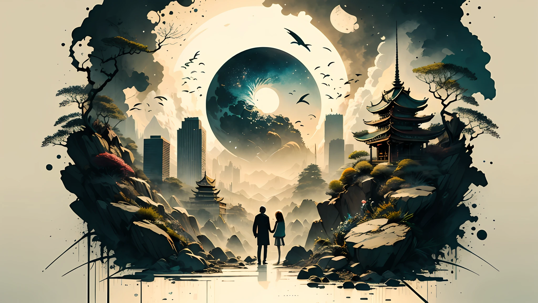 Absurd, high resolution, ultra-detailed, (1 girl:1.3), broken, design a beautiful temple scene, intricate architecture, lush gardens, and a sense of peace and spirituality. Broken, creating an image of a destructive demon with terrifying features, dark powers, and a thirst for chaos and destruction. Broken, designed with a fisheye effect image that captures a wide field of view with a unique curved viewing angle. Break to create rooftop views in urban environments with panoramic cityscapes, dramatic skylines, and a sense of elevation. Break , illustrating the tender moments between parents and children, capturing their bonds, love, and connection. Broken, using pointillism to illustrate images, carefully placed tiny dots of color to create a cohesive and visually stunning whole.