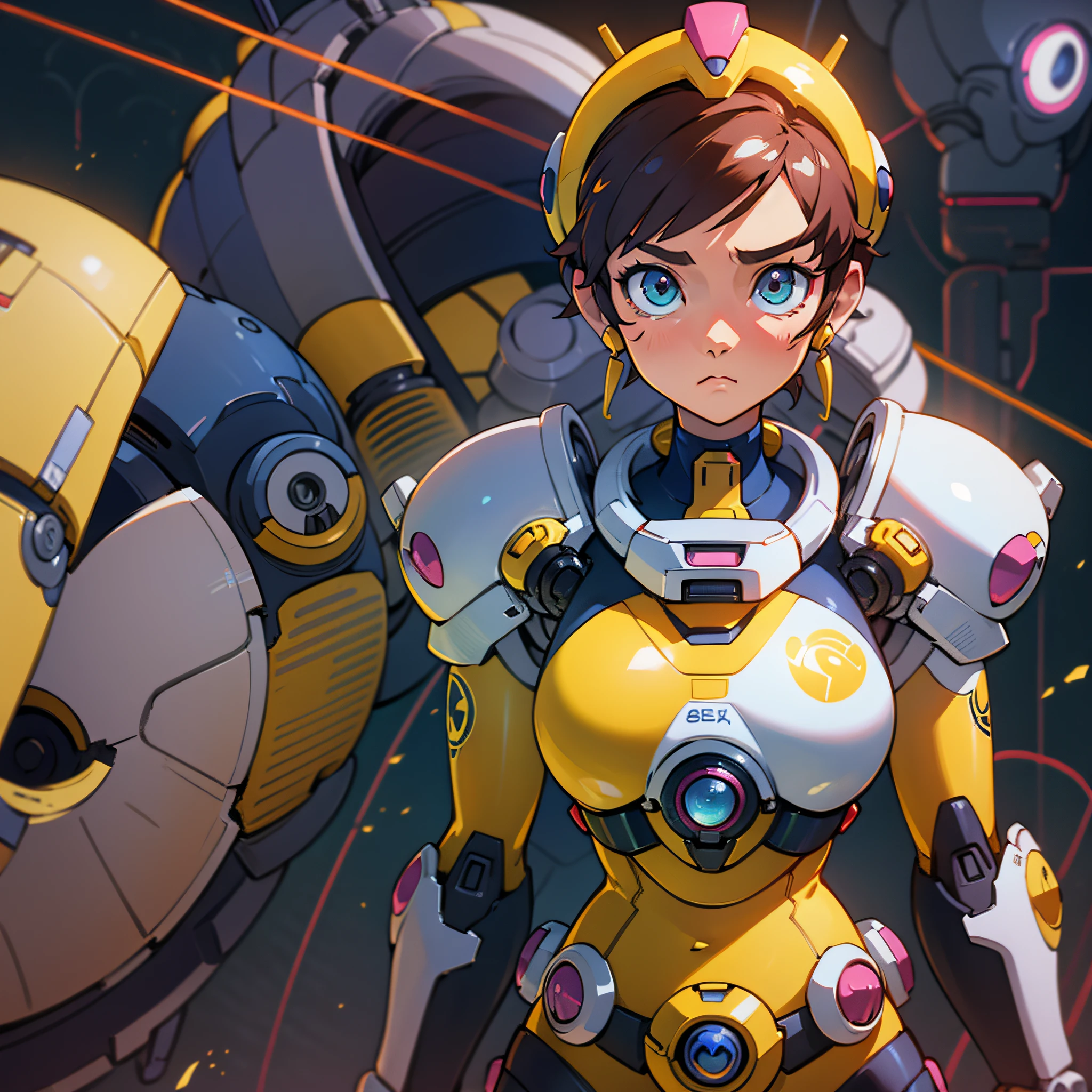 Obo medabot anime, yellow, with black parts. cinematic lighting, Futurism, Surrealism, Canon, Sony FE, close-up, anatomically correct, 4K, 8k, super detail