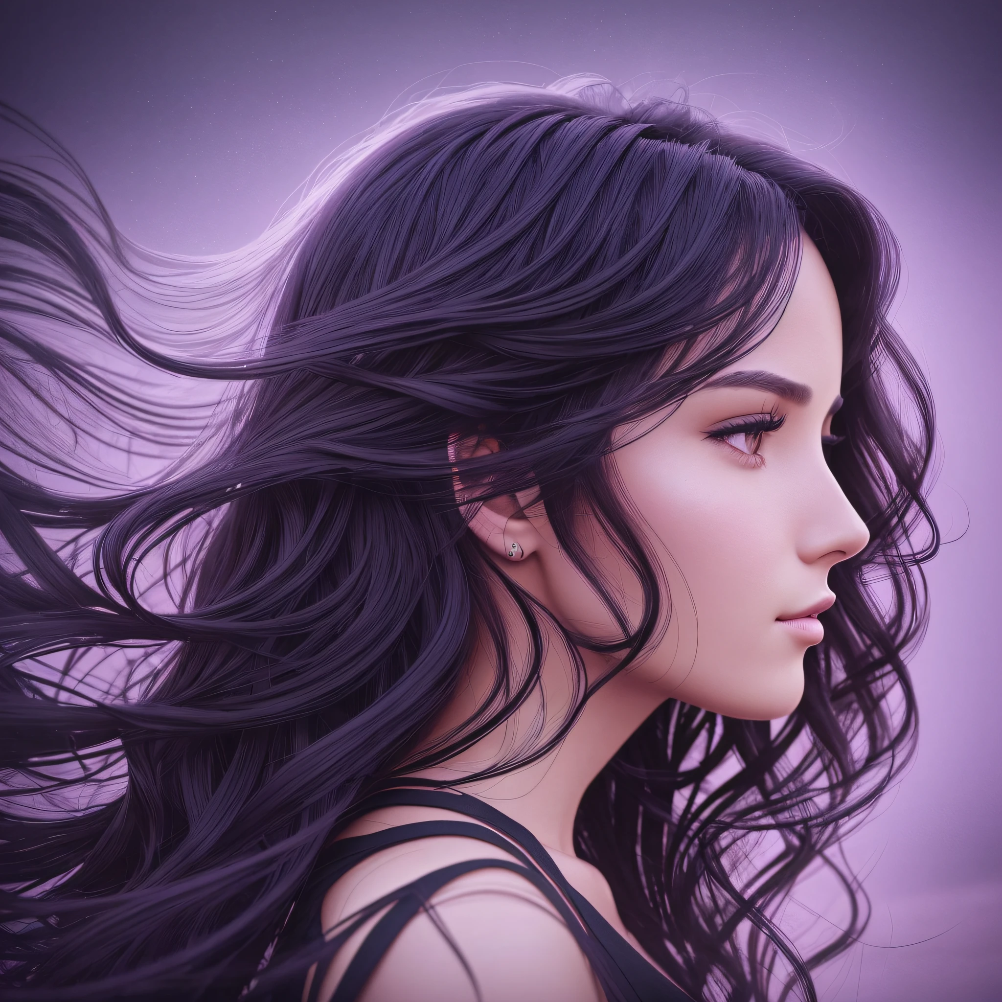 Profile photo, Detailed woman's face, with fog and shadows, wavy and long black hair, high quality, ultra-detailed, 8k, masterpiece, (volumetric lighting), black magic, fanciful, purple filter --auto --s2