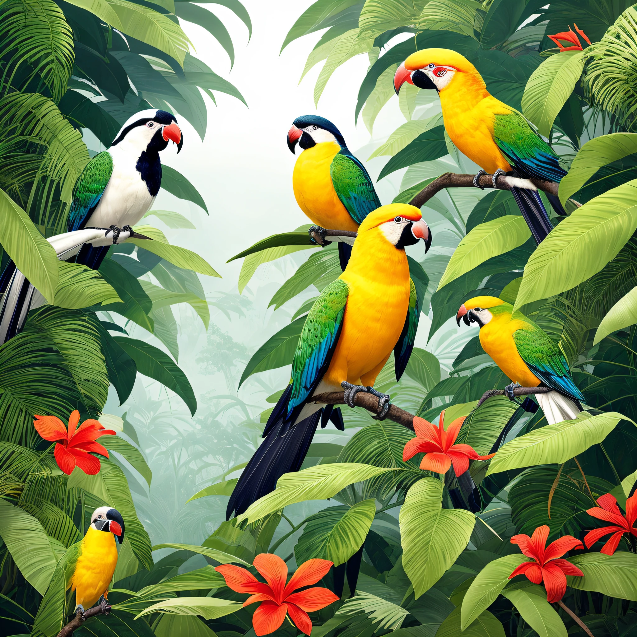 there are many birds that are sitting on a branch in the jungle, tropical birds, parrots, hd illustration, rare bird in the jungle, colorful birds, birds of paradise, a beautiful artwork illustration, beautiful nature, very detailed birds, wildlife illustration, hd wallpaper, harmony of nature, birds f cgsociety, mystical birds, 4 k hd wallpaper illustration --auto --s2