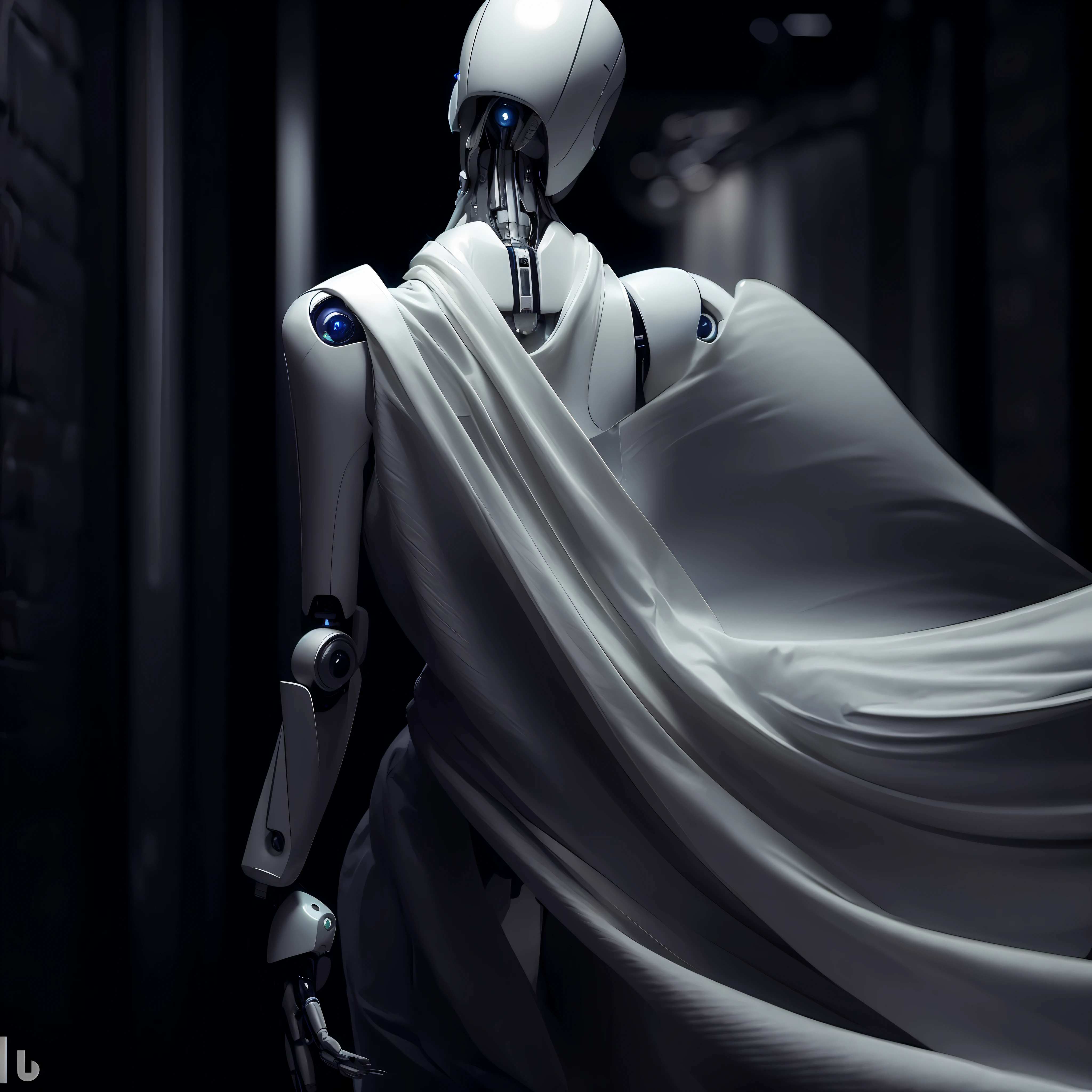 Sensual arafed robot with a translucent white cloth over the shoulders, sensual back on display, female robot, fashion photography, black and white photography, wlop. scifi, robot photography, futuristic robot body, white cyborg fashion shot, dramatic science fiction movie still, cgsociety - w 1 0 2 4 - n 8 - i, cgsociety 9, cgsociety masterpiece, futuristic robot, inspired by Marek Okon