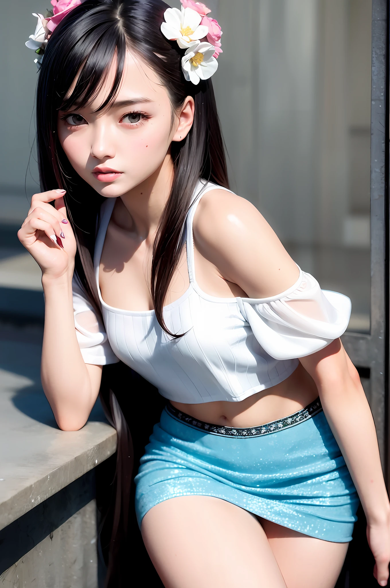 Fashion trendy beautiful and charming woman, gentle and charming Chinese beautiful woman, delicate and sexy collarbone, charming oval face, double eyelids, smart peach blossom eyes, pink lips, small nose, bare shoulders, focus on the face, close-up of the face, Ultra-high-definition, super-detailed, the white off-the-shoulder shirt perfectly echoes the light blue slit skirt, fresh and impressive