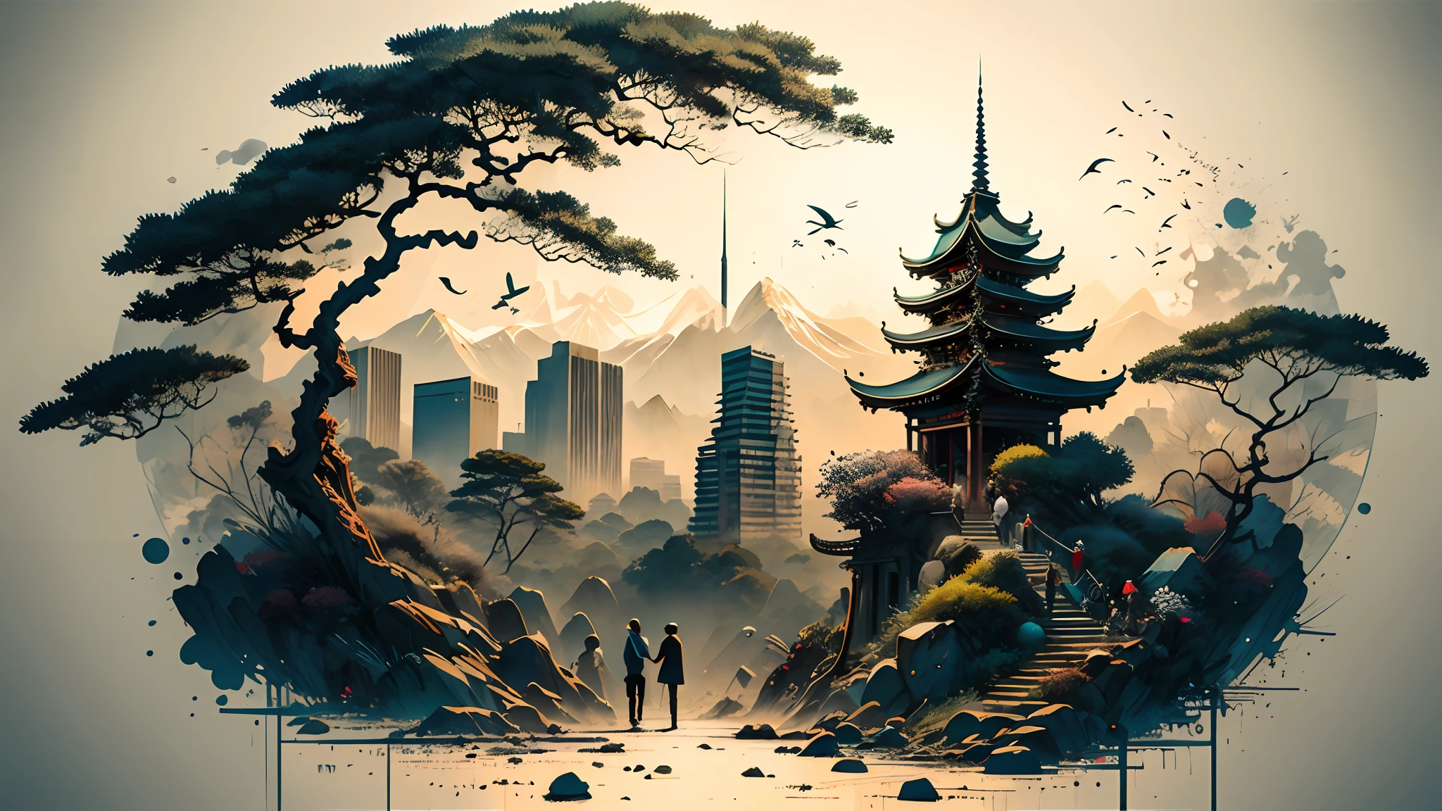 Absurd, high resolution, ultra-detailed, (1 girl:1.3), broken, design a beautiful temple scene, intricate architecture, lush gardens, and a sense of peace and spirituality. Broken, creating an image of a destructive demon with terrifying features, dark powers, and a thirst for chaos and destruction. Broken, designed with a fisheye effect image that captures a wide field of view with a unique curved viewing angle. Break to create rooftop views in urban environments with panoramic cityscapes, dramatic skylines, and a sense of elevation. Break , illustrating the tender moments between parents and children, capturing their bonds, love, and connection. Broken, using pointillism to illustrate images, carefully placed tiny dots of color to create a cohesive and visually stunning whole.