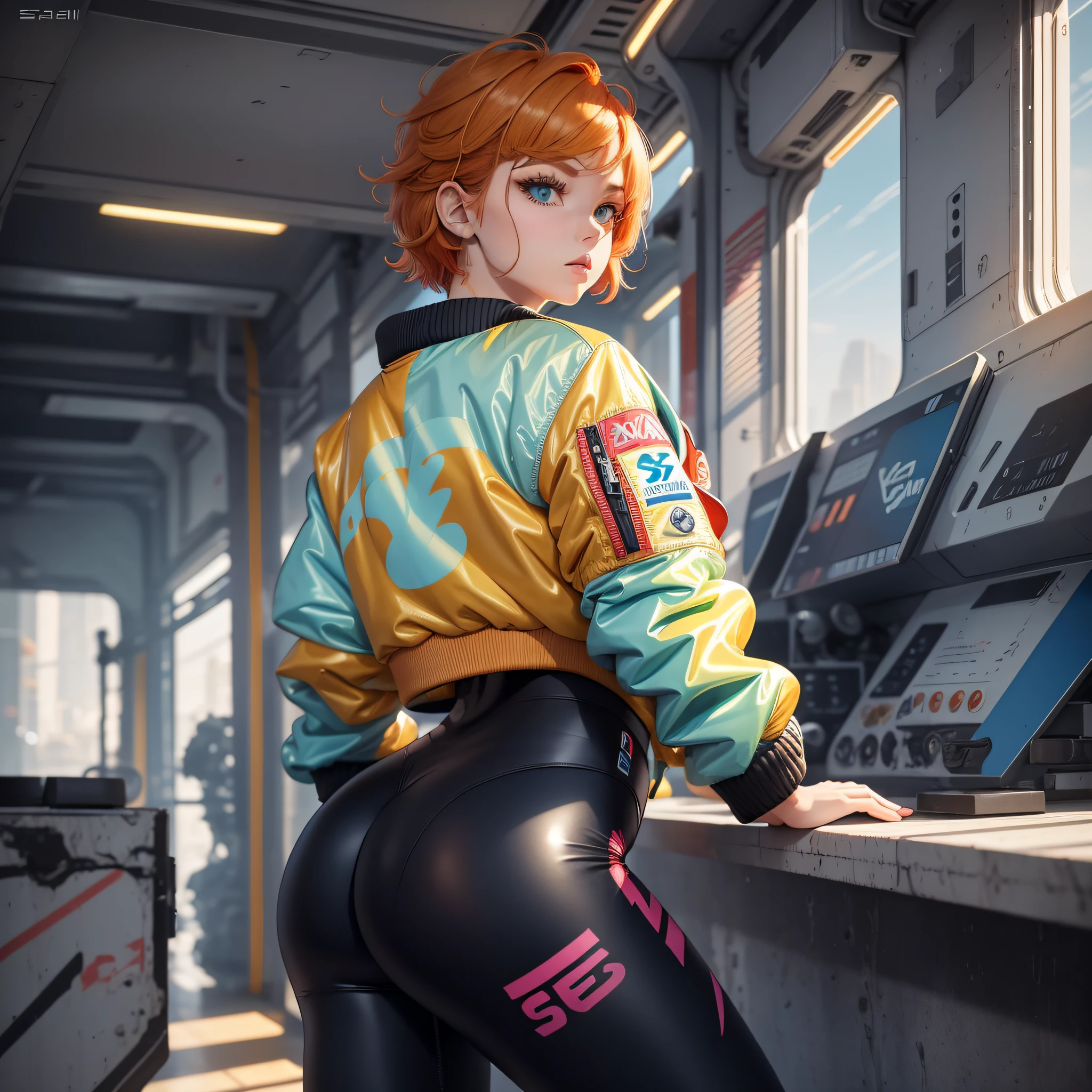 1girl, young, ((leggings, retro bomber jacket 80s)), solo, official art, unity 8k wallpaper, ultra detailed, beautiful and aesthetic, masterpiece, best quality, shiny skin, the most beautiful form of chaos, elegant, a designed brutalist, bright colors, romanticism, ((Fairytaleai)), big ass, red nails, short hair, orange hair, light blue eye --auto --s2