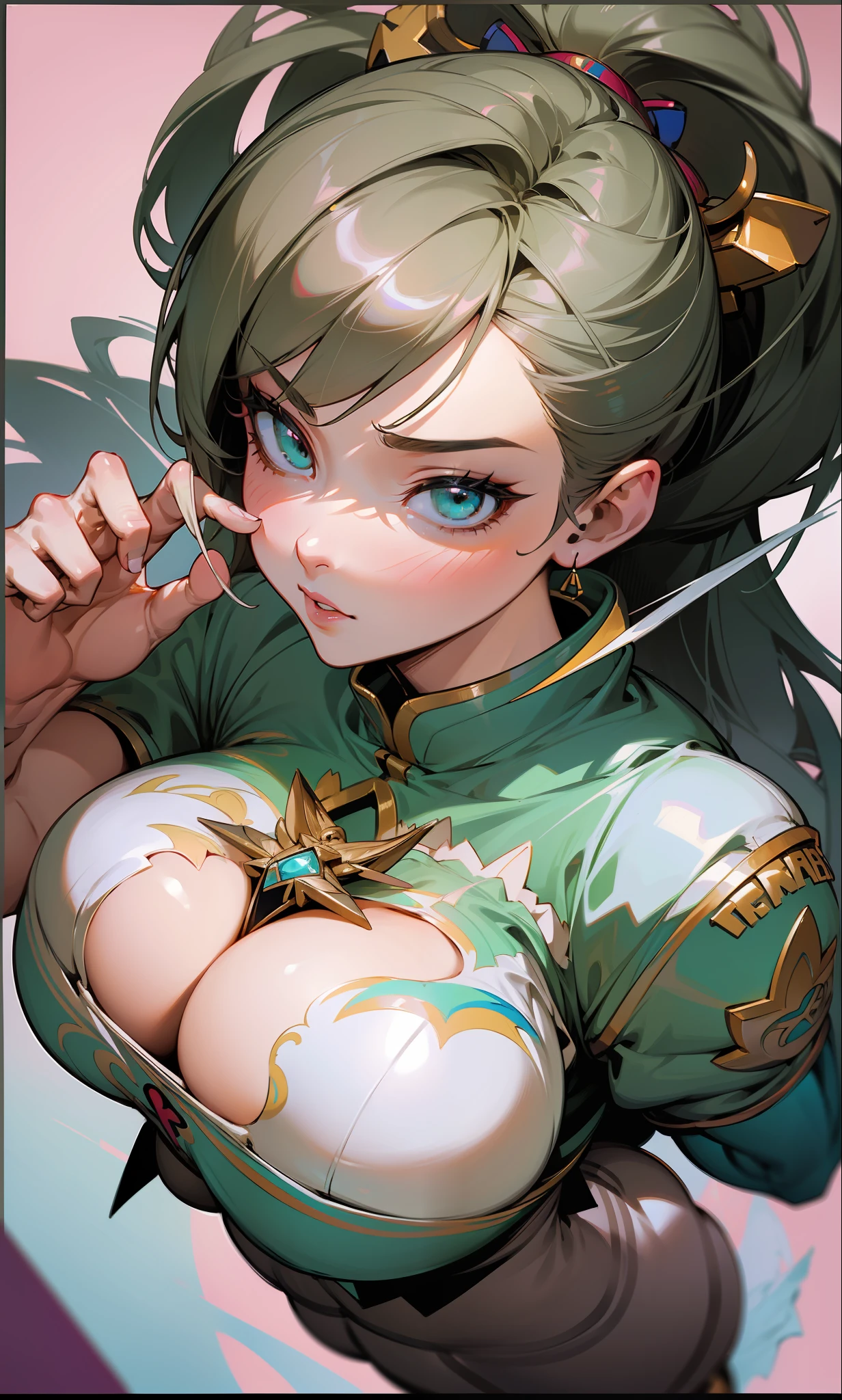 A closeup of a white woman with very large breasts, seen from above, looking from above, extremely sexy big breasts bouncing out, Artgerm extremely detailed, Artgerm in ArtStation Pixiv, ArtGerm. Anime illustration, artgerm style, artgerm. High detail, Artgerm and Rossdraws, Artgerm style, IG model | Artgerm, Artgerm style, 4K, perfect right hand with all five fingers, perfect left hand with all five dedos_sem extra fingers