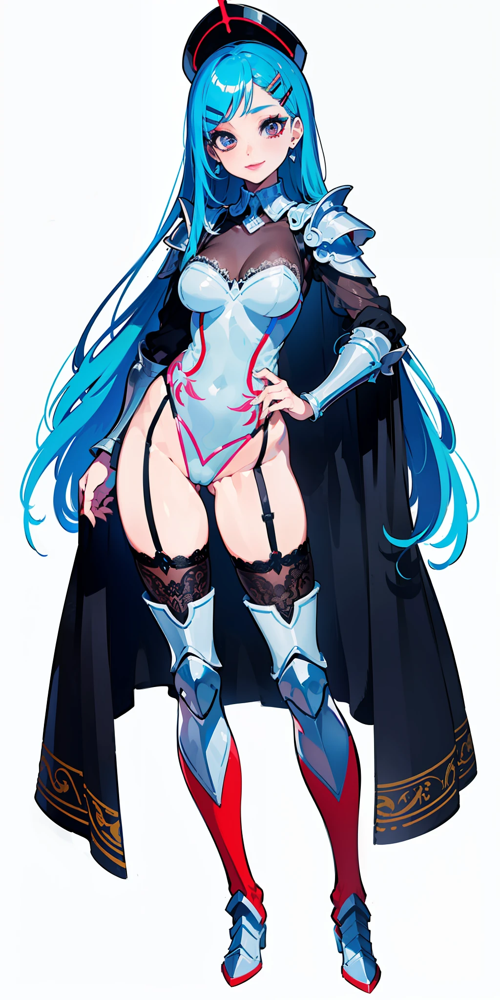 "(masterpiece), best quality, NSFW,
1girl, illustration, (80s:1.5), (eyelashes:1.5),
aqua hair,
(parted bangs,hairclip:1.2), (straight hair:1.1),
red eyes,
(pale skin:1.2), (slim body:1.2),
(medium breasts:1.2),
(red lip stick, eye shadow:1.1),
happy, smile,
(see-through lace leotard armor:1.2),
(knight armor, armored boots:1.2),
(garter belt:1.1), earrings, collar, hat,
peace sign,
(standing, full body1.1),
(white background:1.2)"