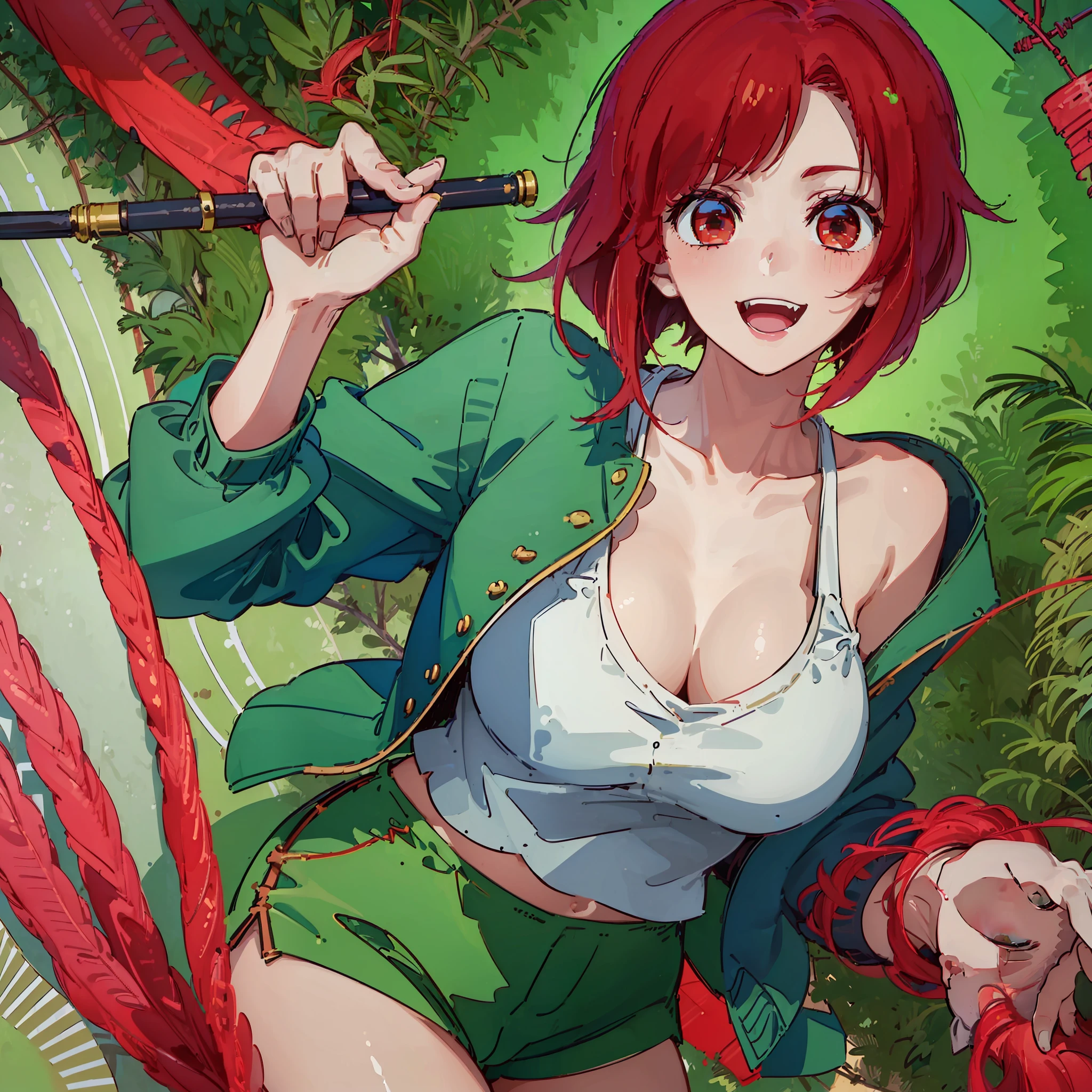(((1woman))), (((high quality))), solo, red hair, short red hair, fishing rod, (((cropped green jacket))), white tank top underneath, (((green short shorts))), green laced boots, (((smiling))), (((large breasts))), (((highres))), (((best quality))), (((masterpiece)))