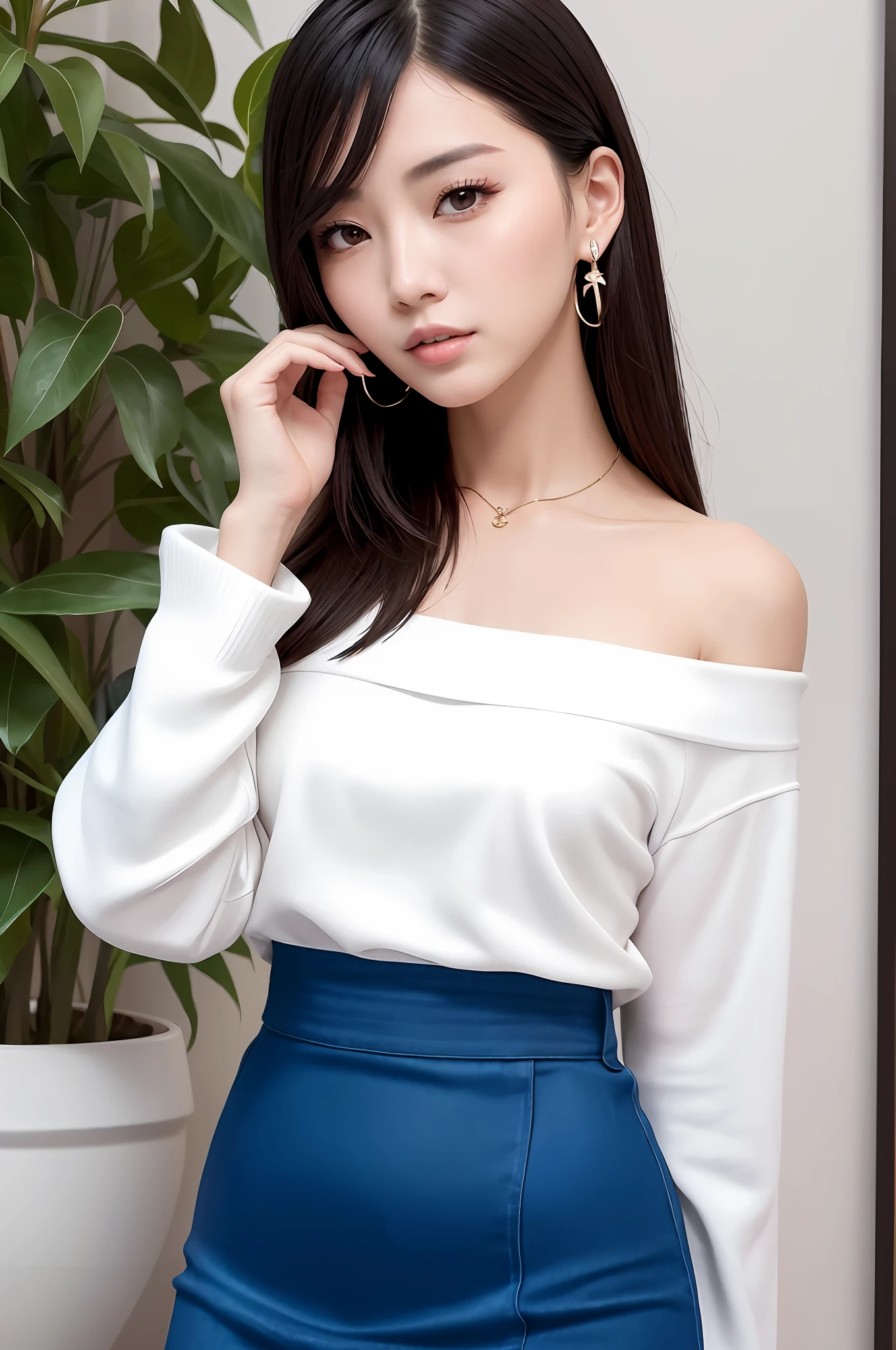 Fashion trendy beautiful and charming woman, gentle and charming Chinese beautiful woman, delicate and sexy collarbone, charming oval face, double eyelids, smart peach blossom eyes, pink lips, small nose, bare shoulders, focus on the face, close-up of the face, Ultra-high-definition, super-detailed, the white off-the-shoulder shirt perfectly echoes the light blue slit skirt, fresh and impressive