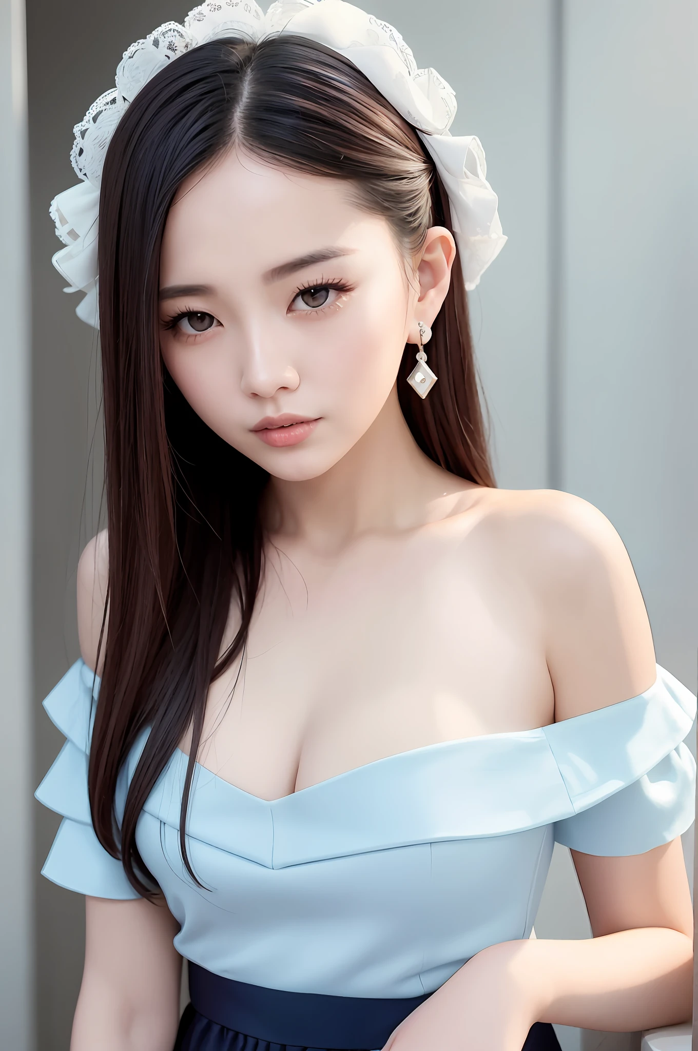 Fashion trendy beautiful and charming woman, gentle and charming Chinese beautiful woman, delicate and sexy collarbone, charming oval face, double eyelids, smart peach blossom eyes, pink lips, small nose, bare shoulders, focus on the face, close-up of the face, Ultra-high-definition, super-detailed, the white off-the-shoulder shirt perfectly echoes the light blue slit skirt, fresh and impressive