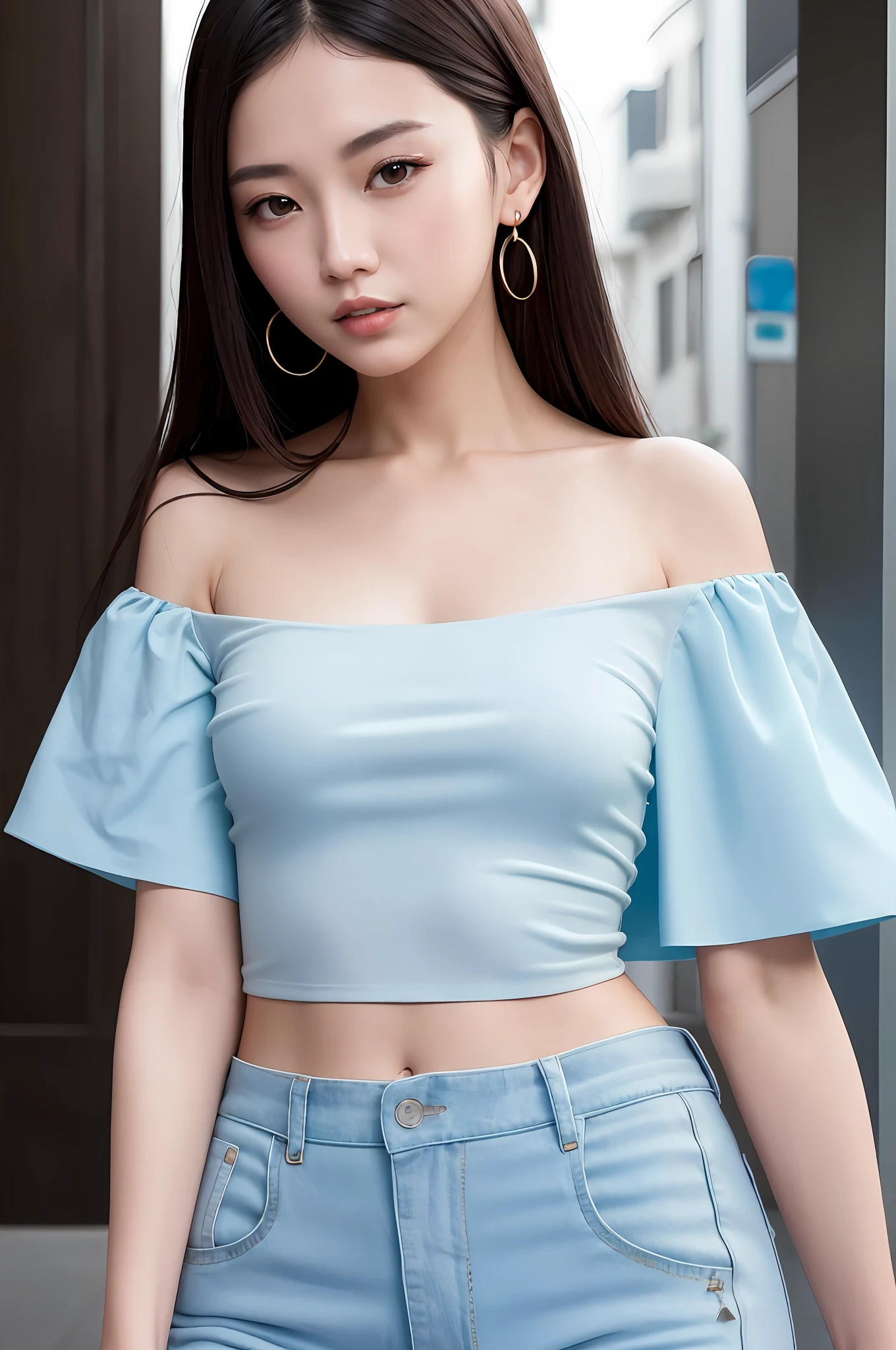 Fashion trendy beautiful and charming woman, gentle and charming Chinese beautiful woman, delicate and sexy collarbone, charming oval face, double eyelids, smart peach blossom eyes, pink lips, small nose, bare shoulders, focus on the face, close-up of the face, Ultra-high-definition, super-detailed, the white off-the-shoulder shirt perfectly echoes the light blue slit skirt, fresh and impressive