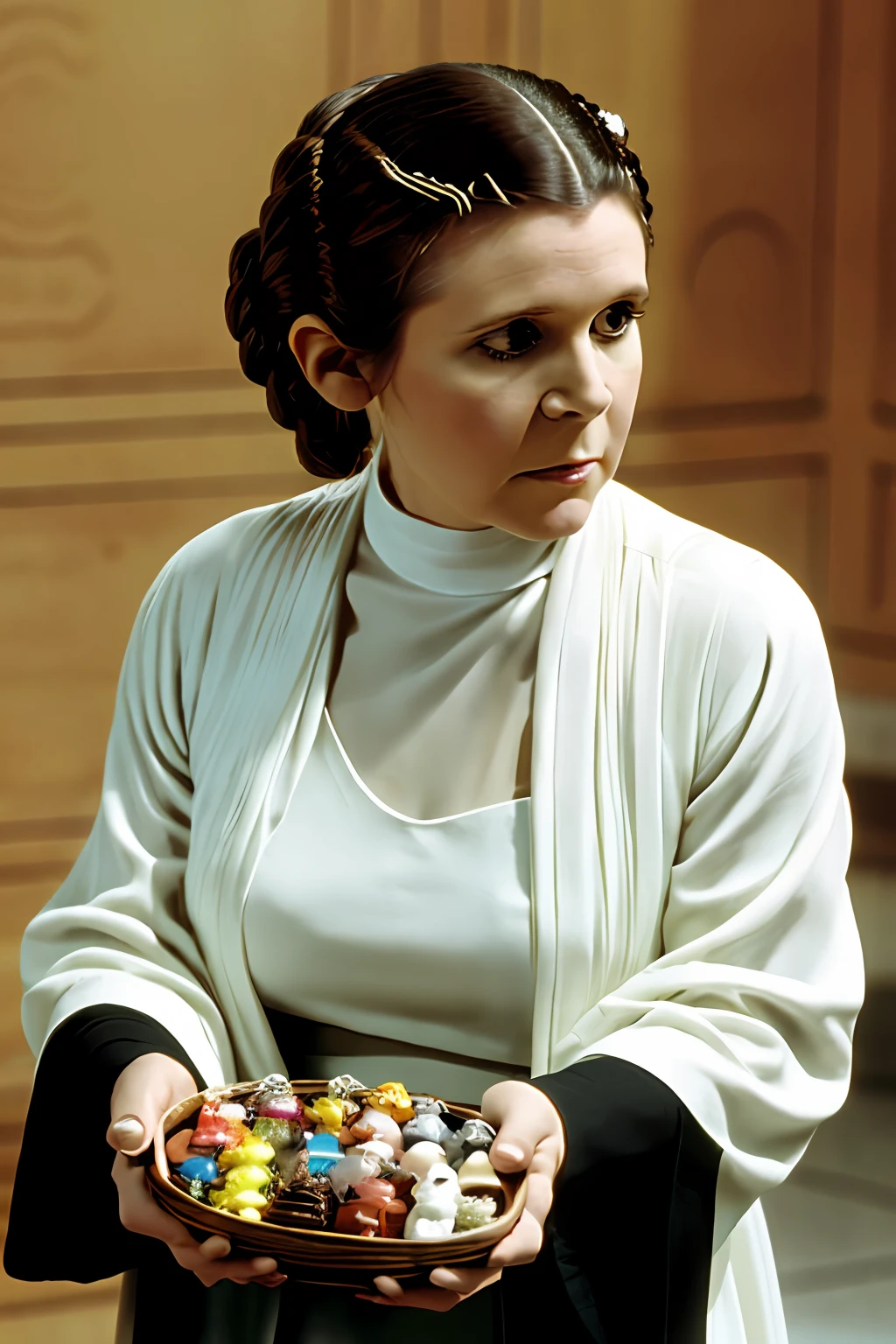 Carrie Fisher, Princess Leia from the Star Wars movies, with her snail hair, with a heart-shaped candy box in her hands. Star Wars setting, detailed, realistic, depth of field. Uhd