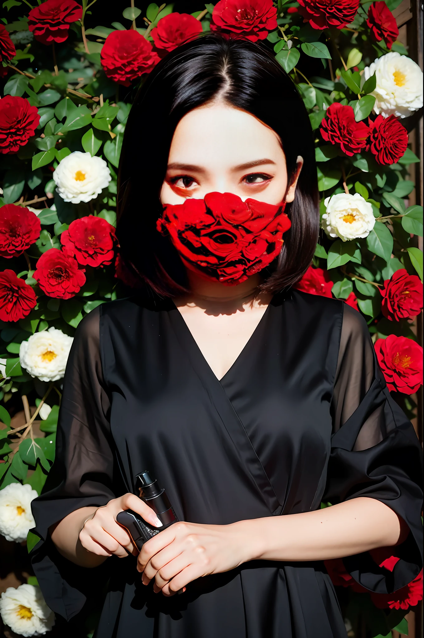 terrorist, holding a bomb, black tears, corolla, revolutionary, possession of a pistol, skull mask, dark theme, 18 year old girl in the garden, black dress, (top quality, masterpiece: 1.2), (red flower chaos in background: 1.3)