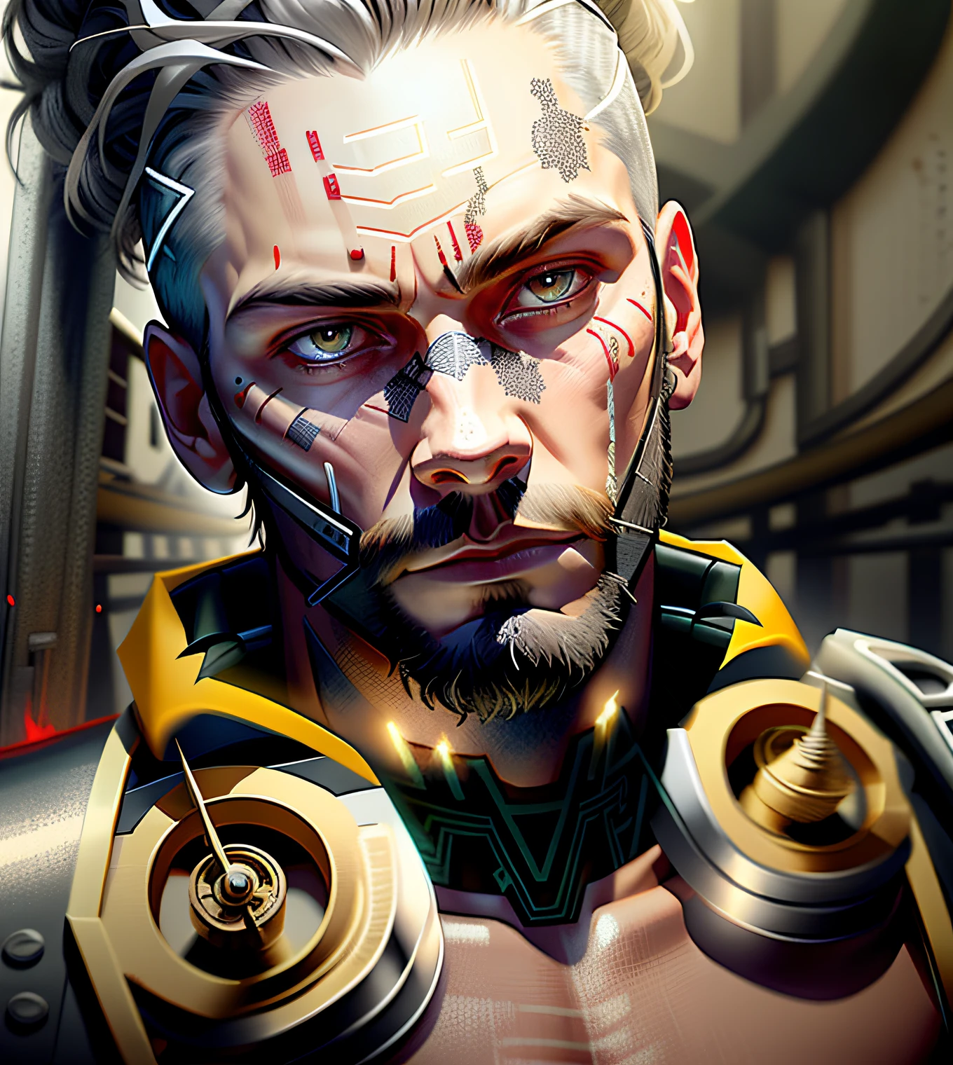 A cybernetic Viking man in the range of 27 years old, barbaric muscular stereotype, with Viking wolf fur coat (Viking mechanical parts: 1.5), fighting, dark bright eyes, short hair, tight supersuit torn, in a destroyed city, smoke and fire, aura of brilliant power, dynamic pose, dynamic vision, hyper detailed, 8k quality, with tattoo on arm,  Clock of thorns on the chest and on the headset, merge, hyper realism, with thorns crest viking.Com gray goatee and gray hair, blood dripping down the face.