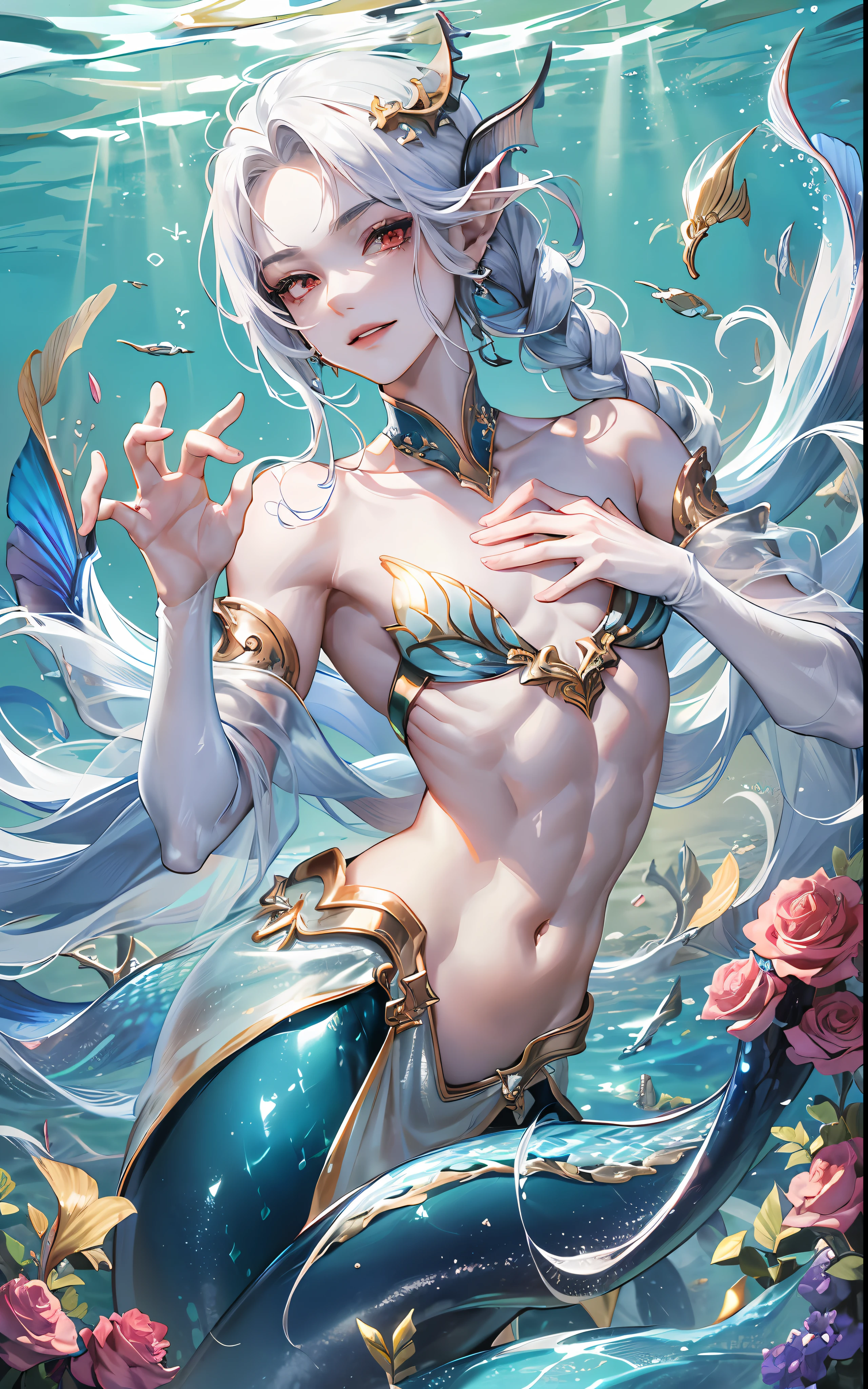 man, masculine, masculine face, attractive, muscular, (((1man))), masterpiece, absurdres, best quality ,intricate details , (shiny skin, shiny body, shiny oily luster skin, shiny hair, pale skintone), Sundown, attractive, ((muscular)), adult, one, earrings, Don't look at the view , Not looking at the view, silver hair, braided hair, perfect detailed face, perfect detailed hands, triton, fins, red eyes, triton ears, ((portait)), smirk, marine sea ornaments, ((in the water)), open chest, (mermaid tail), no legs, ((diving underwater))