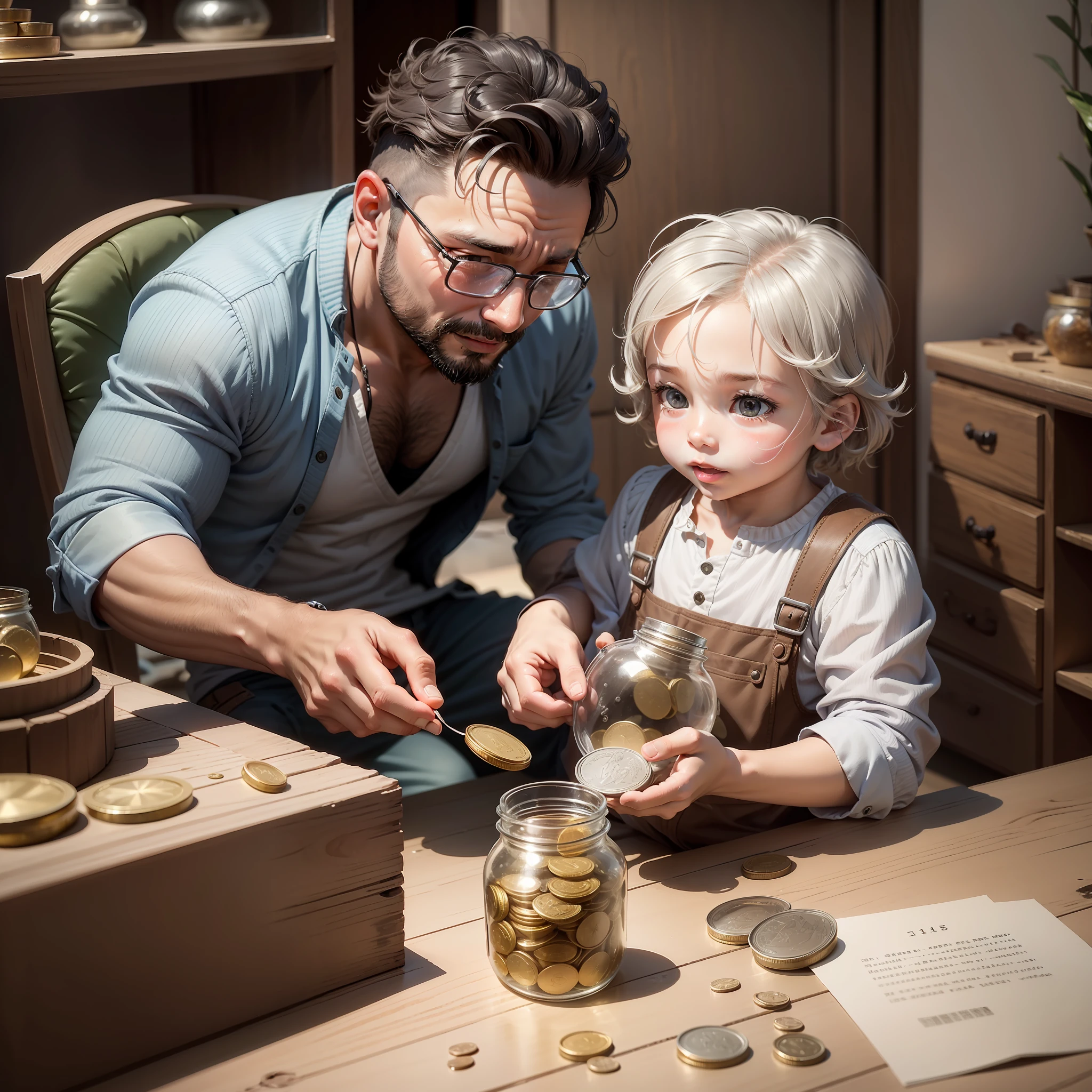 A 35-year-old father, a 4-year-old son, the two are looking at a transparent glass jar filled with happy silver coins --auto --s2