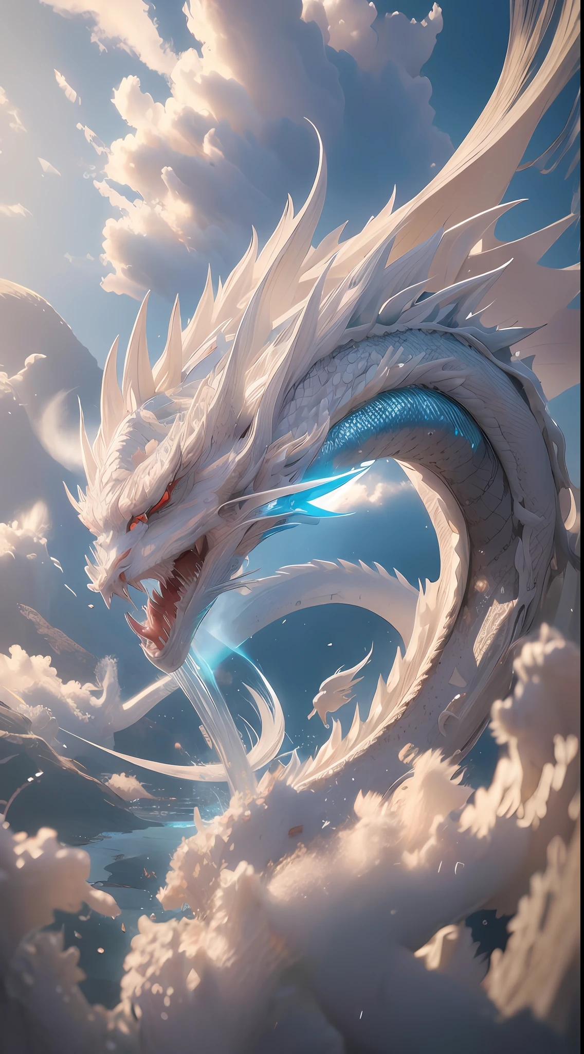 White Chinese dragon long tail flying through water, faucet head looking at camera, texture varied, chinese dragon concept art, dragon art, anime art wallpaper 8 K, trend in ArtStation pixiv, detailed digital animation art, detailed anime artwork