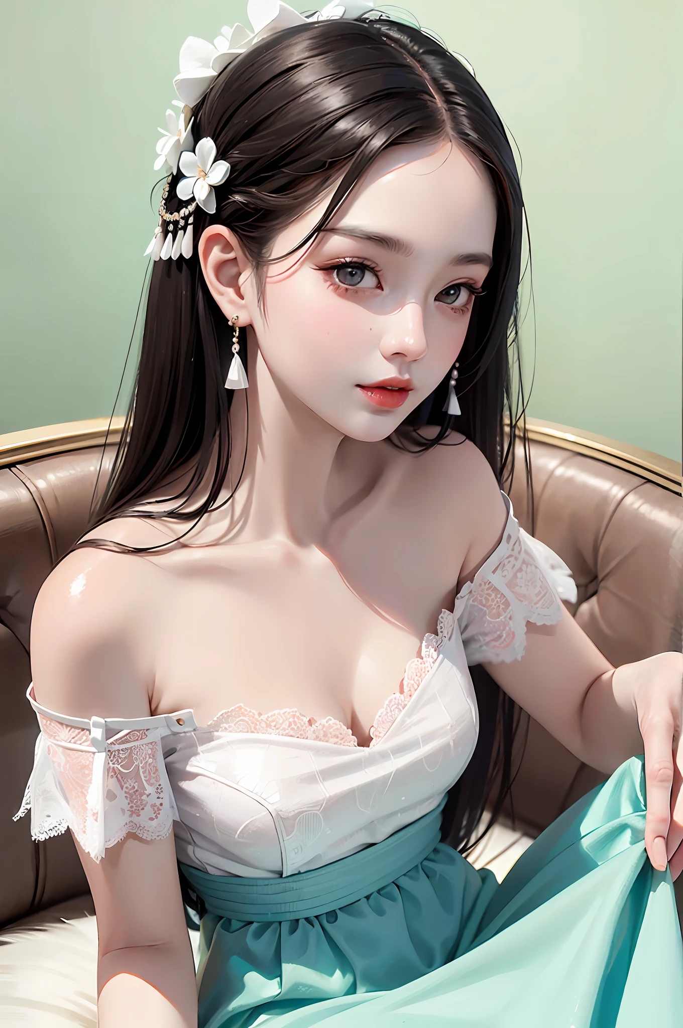 Fashion trendy beautiful and charming woman, gentle and charming Chinese beautiful woman, delicate and sexy collarbone, charming oval face, double eyelids, smart peach blossom eyes, pink lips, small nose, bare shoulders, focus on the face, close-up of the face, Ultra-high-definition, super-detailed, the white off-the-shoulder shirt perfectly echoes the light blue slit skirt, fresh and impressive