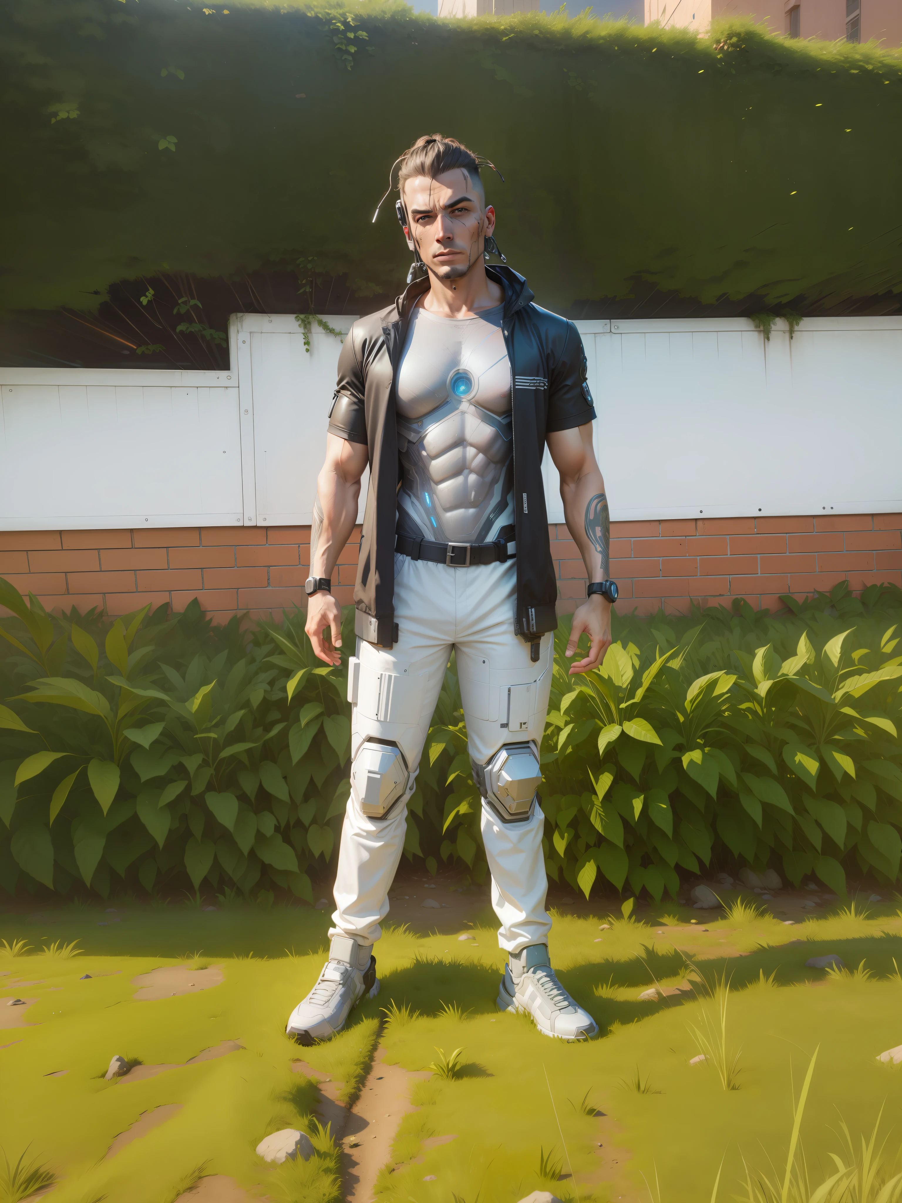 realistic detail face full of cyberpunk futuristic cyber man, futuristic landscape