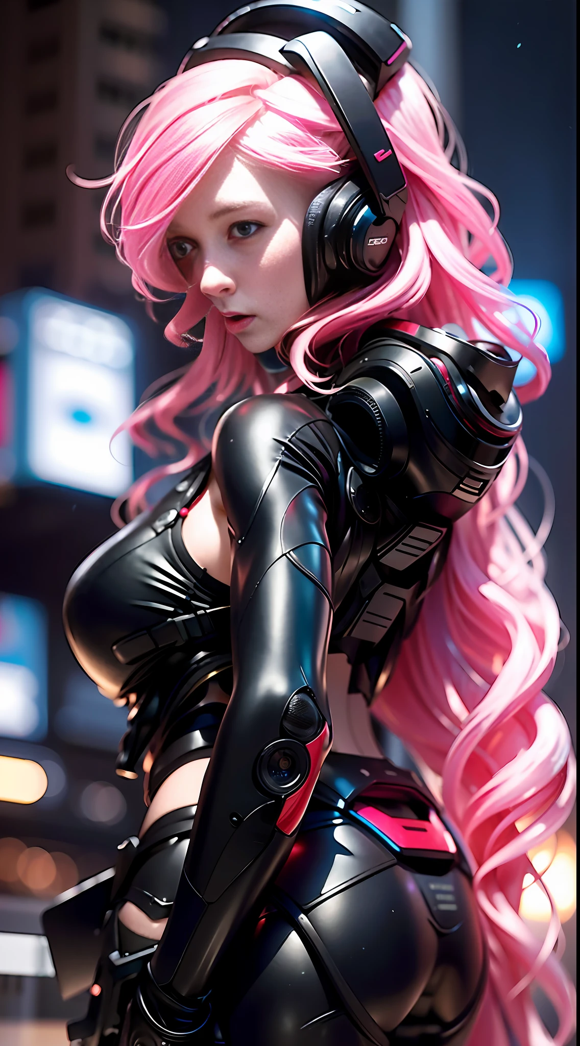 (8k, RAW photo, best quality, masterpiece:1.2), (realistic, photo-realistic:1.37),1girl, short hair,wearing free_styles_hightech_jacket black, backpack,cityscape, night, wet, professional lighting, photon mapping, radiosity, Korean Doll,torn , large breasts, free_styles_hoodie_jacket,black,neon red,