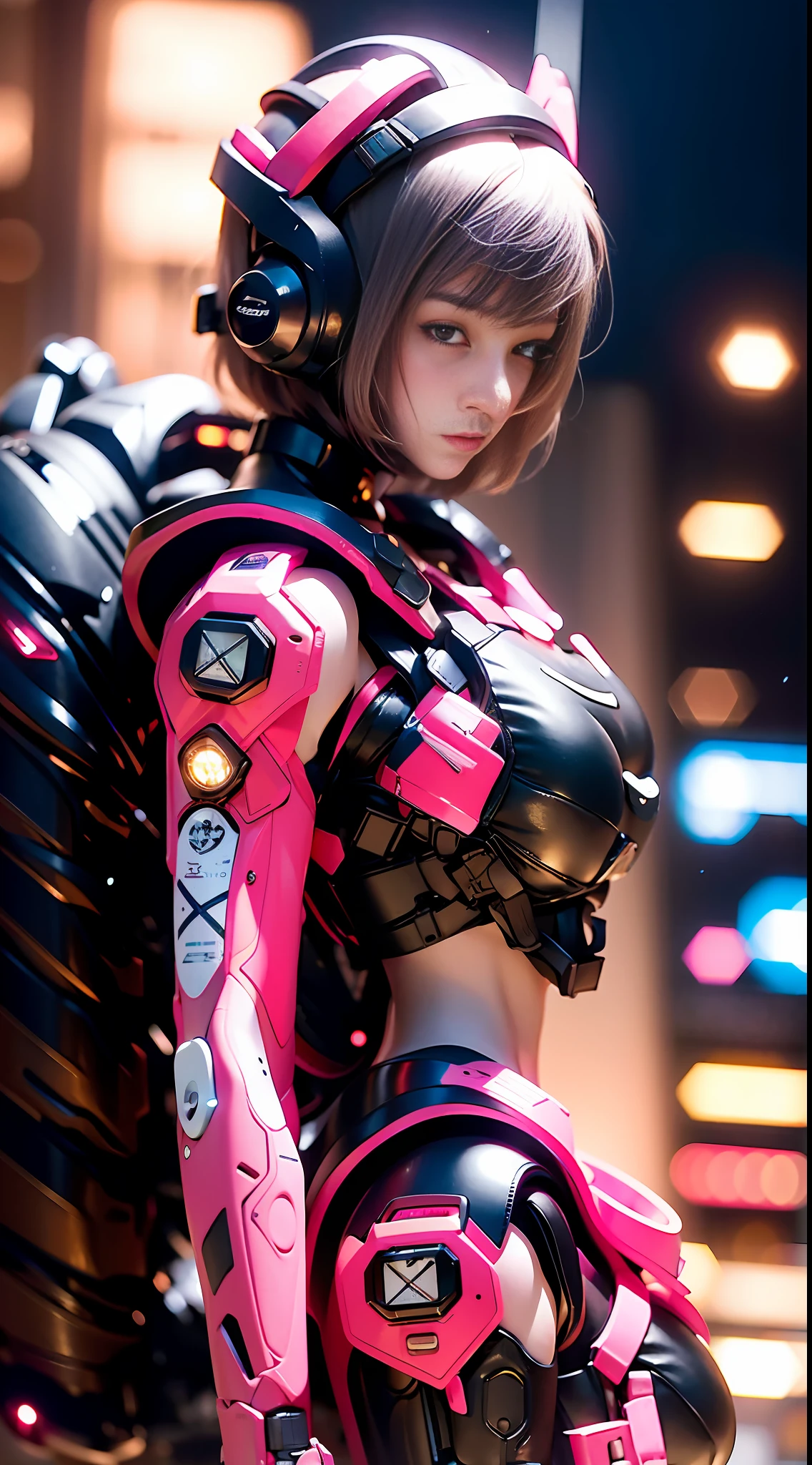 (8k, RAW photo, best quality, masterpiece:1.2), (realistic, photo-realistic:1.37),1girl, short hair,wearing free_styles_hightech_jacket black, backpack,cityscape, night, wet, professional lighting, photon mapping, radiosity, Korean Doll,torn , large breasts, free_styles_hoodie_jacket,black,neon red,