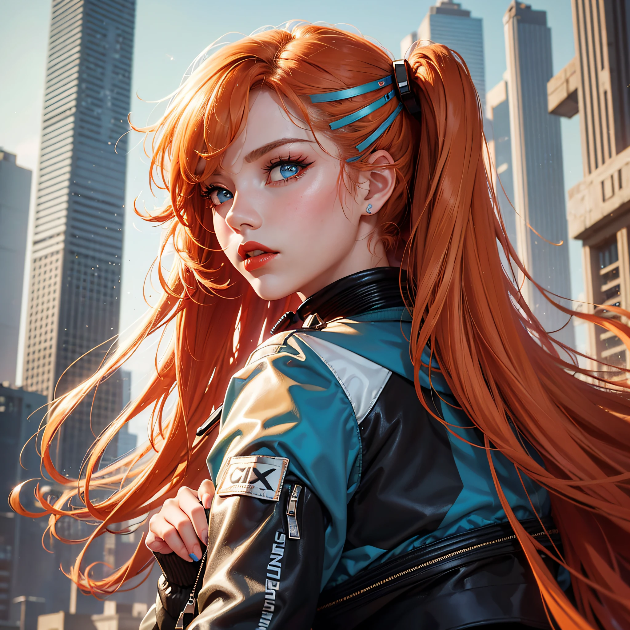 1girl, young, ((leggings, retro bomber jacket 80s)), solo, official art, unity 8k wallpaper, ultra detailed, beautiful and aesthetic, masterpiece, best quality, shiny skin, the most beautiful form of chaos, elegant, a designed brutalist, bright colors, romanticism, ((Fairytaleai)), big ass, red nails, long hair with bangs, orange hair, light blue eye, dark red lips --auto --s2
