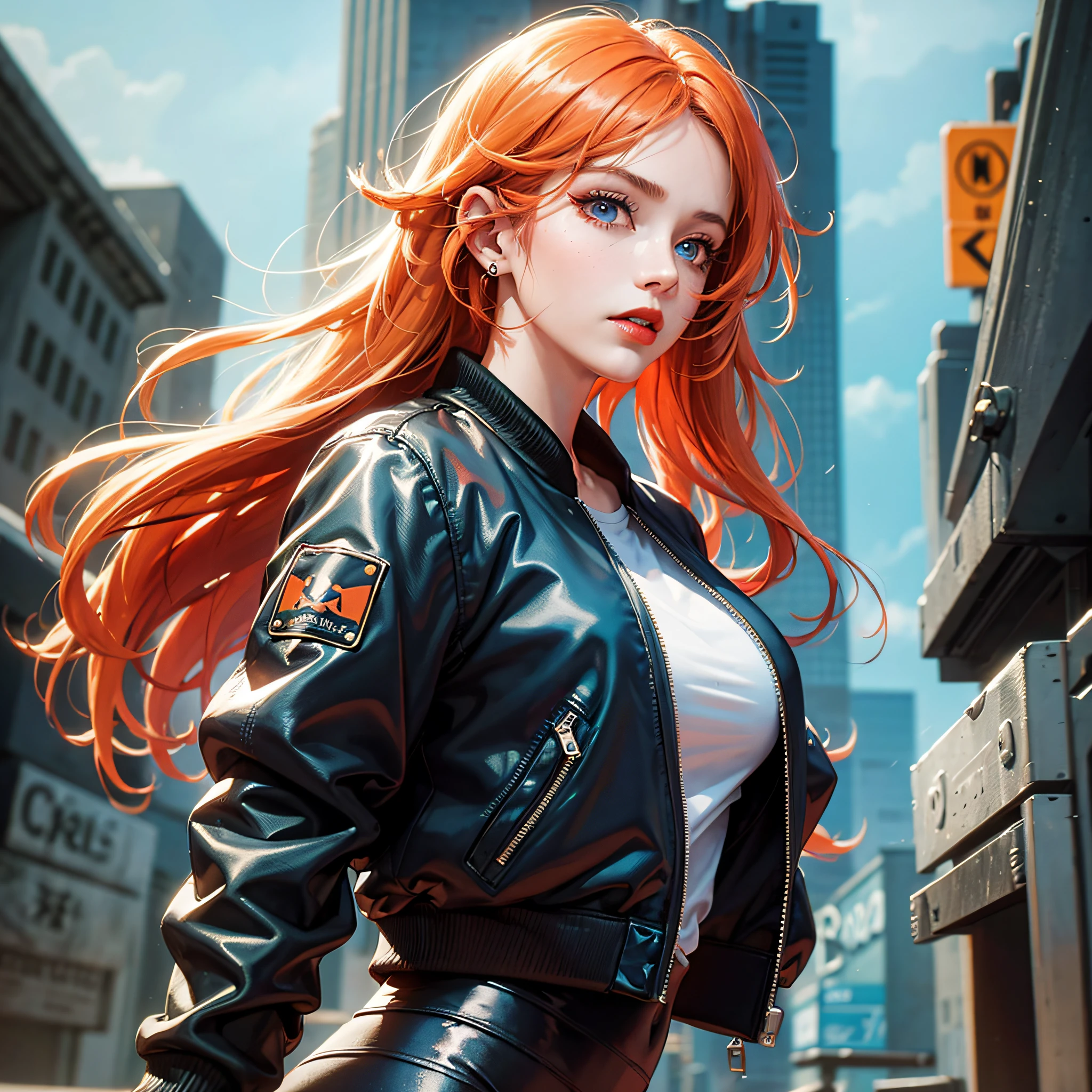 1girl, young, ((leggings, retro bomber jacket 80s)), solo, official art, unity 8k wallpaper, ultra detailed, beautiful and aesthetic, masterpiece, best quality, shiny skin, the most beautiful form of chaos, elegant, a designed brutalist, bright colors, romanticism, ((Fairytaleai)), big ass, red nails, long hair with bangs, orange hair, light blue eye, dark red lips --auto --s2