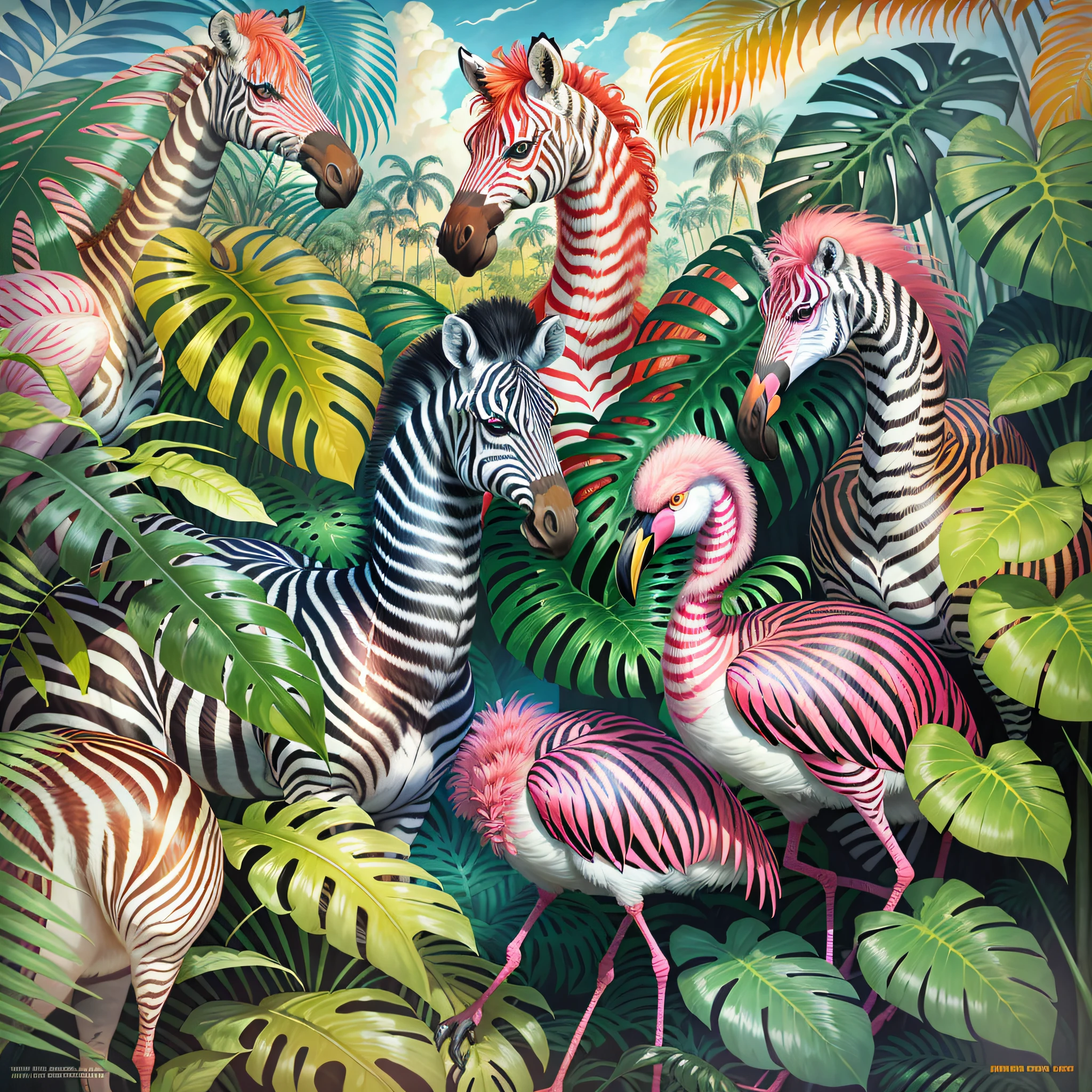 zebra and flamingos in the jungle with palm trees and flowers, jim warren, tropical, by Susan Heidi, tropical paradise, by David B. Mattingly, by Joe Jusko, by Wayne England, amazing background, tropical birds, wildlife illustration, by Richard Mayhew, by Ron Walotsky, hildebrandt, filled with fauna, tropical atmosphere --auto --s2