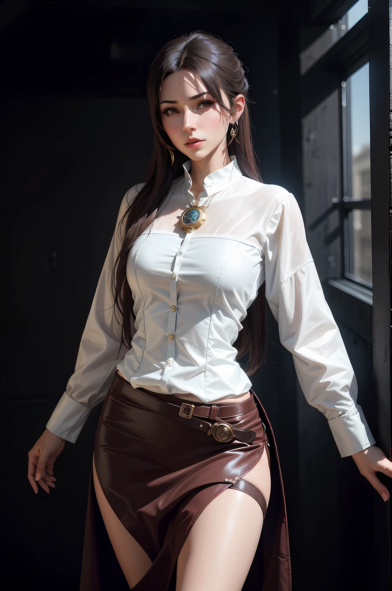 there is a woman in a skirt posing for a picture, seductive tifa lockhart portrait, full body xianxia, tifa lockhart, portrait of tifa lockhart, tifa lockhart portrait, tifa lockheart, glamorous tifa lockheart, full-cosplay, dressed like a cleric, fashionable rpg clothing, wearing steampunk attire, tifa, cosplay photo