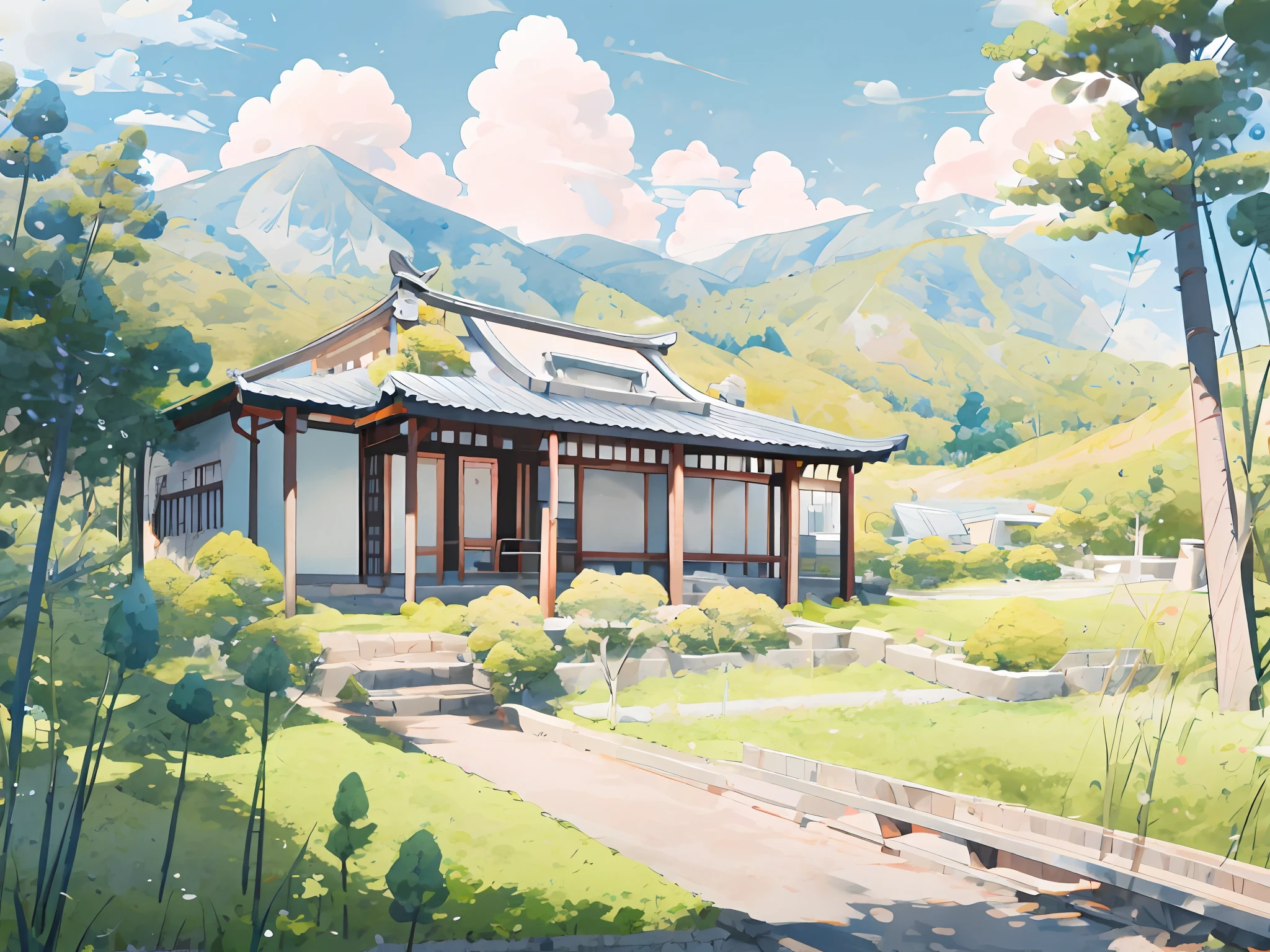 (Japanese landscape), (Hayao Miyazaki Style), cartoon, modern countryside, roads, curves, low houses, trees, poles, white clouds, calm landscape, outdoor, green trees, epic composition, realistic lighting, high definition detail, masterpiece, best quality, (very detailed CG unified 8k wallpaper), clay texture, clean background, natural light, best quality, ultra detail, 3d art,  C4D, OC Renderer, 3D Rendering, 8K