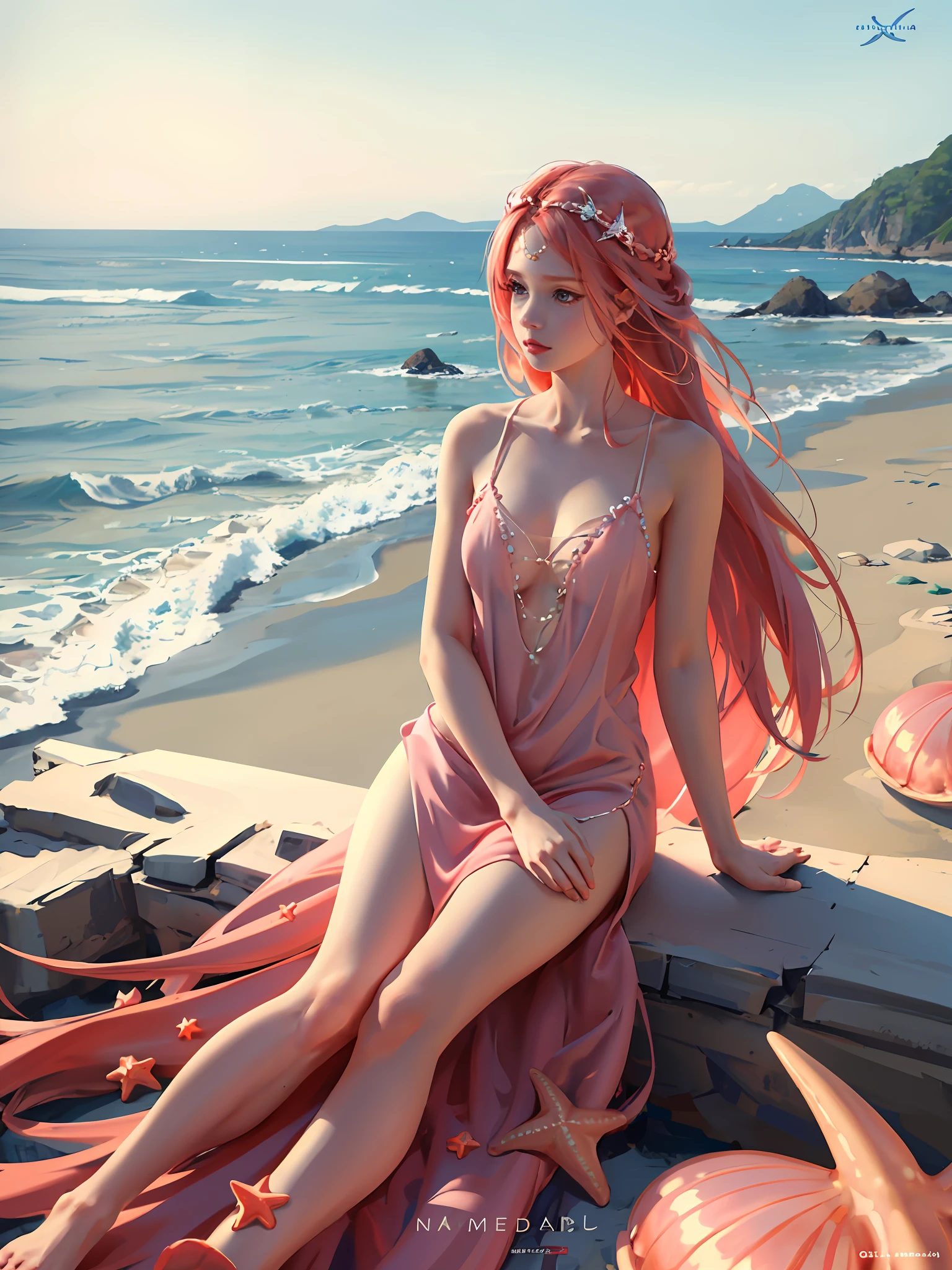 Ultra clear, ultra detailed, delicate facial features, perfect figure, seaside, natural light, long red hair, bright eyes, long eyelashes, pink slip dress, starfish, shells, pearl hair accessories, mermaids