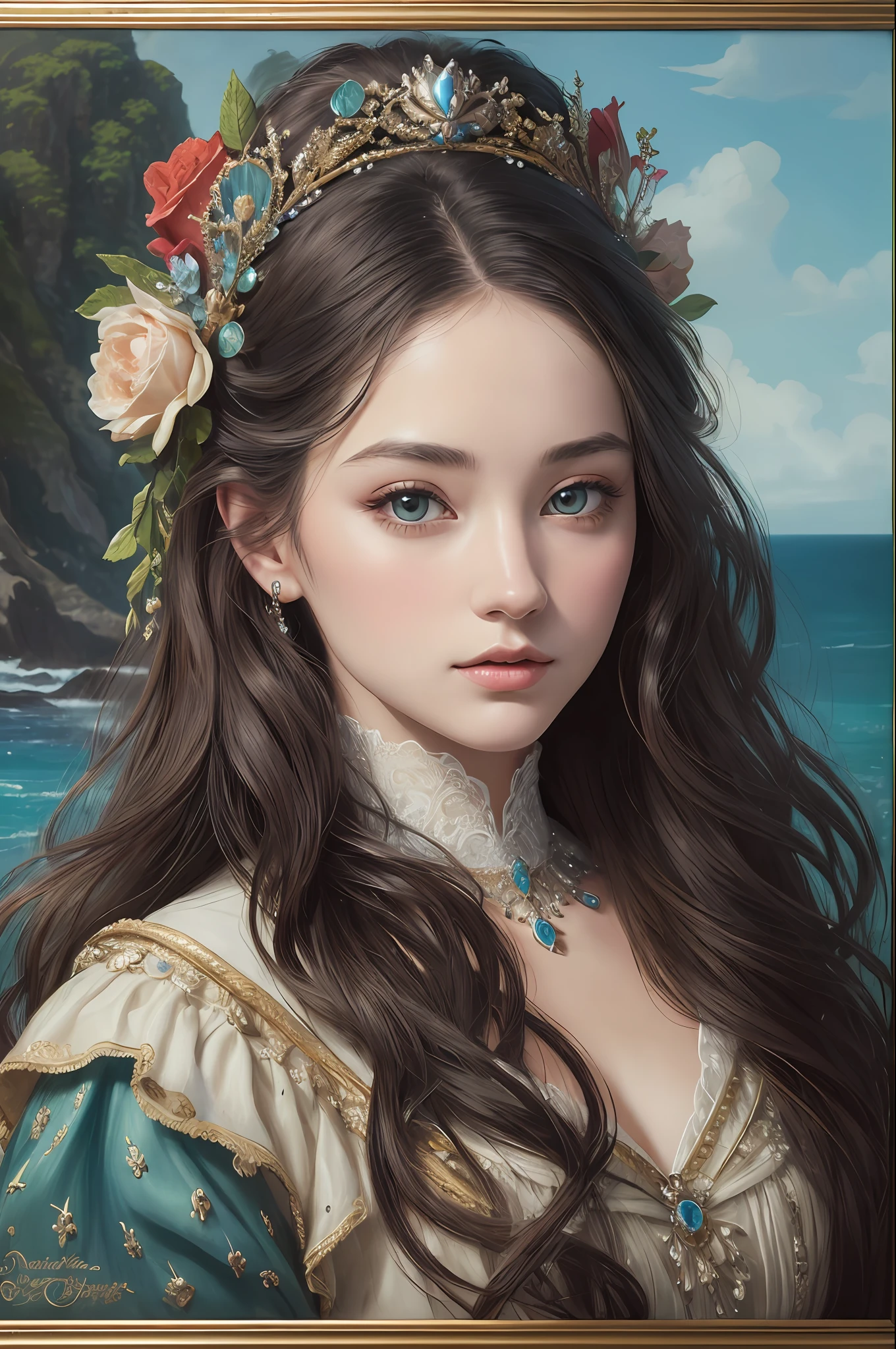 ( Absurd, High quality, ultra-detailed, masterpiece, concept art, smooth, highly detailed artwork, hyper-realistic painting ) face detailed, beautiful eyes, British historical style, Victoria, black long wavy hair, beautiful face, the art is a masterpiece, mermaid, in ocean