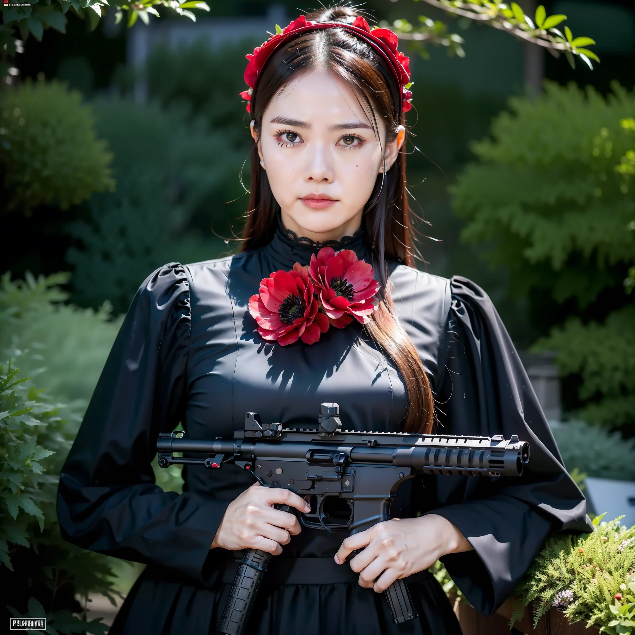 HK416 rifle,
Hiding a gun with a bouquet, black tears, corolla, revolutionary, possession of a pistol, skull mask, dark theme, 18 year old girl in the garden, black dress, (red flower chaos in background: 1.3)