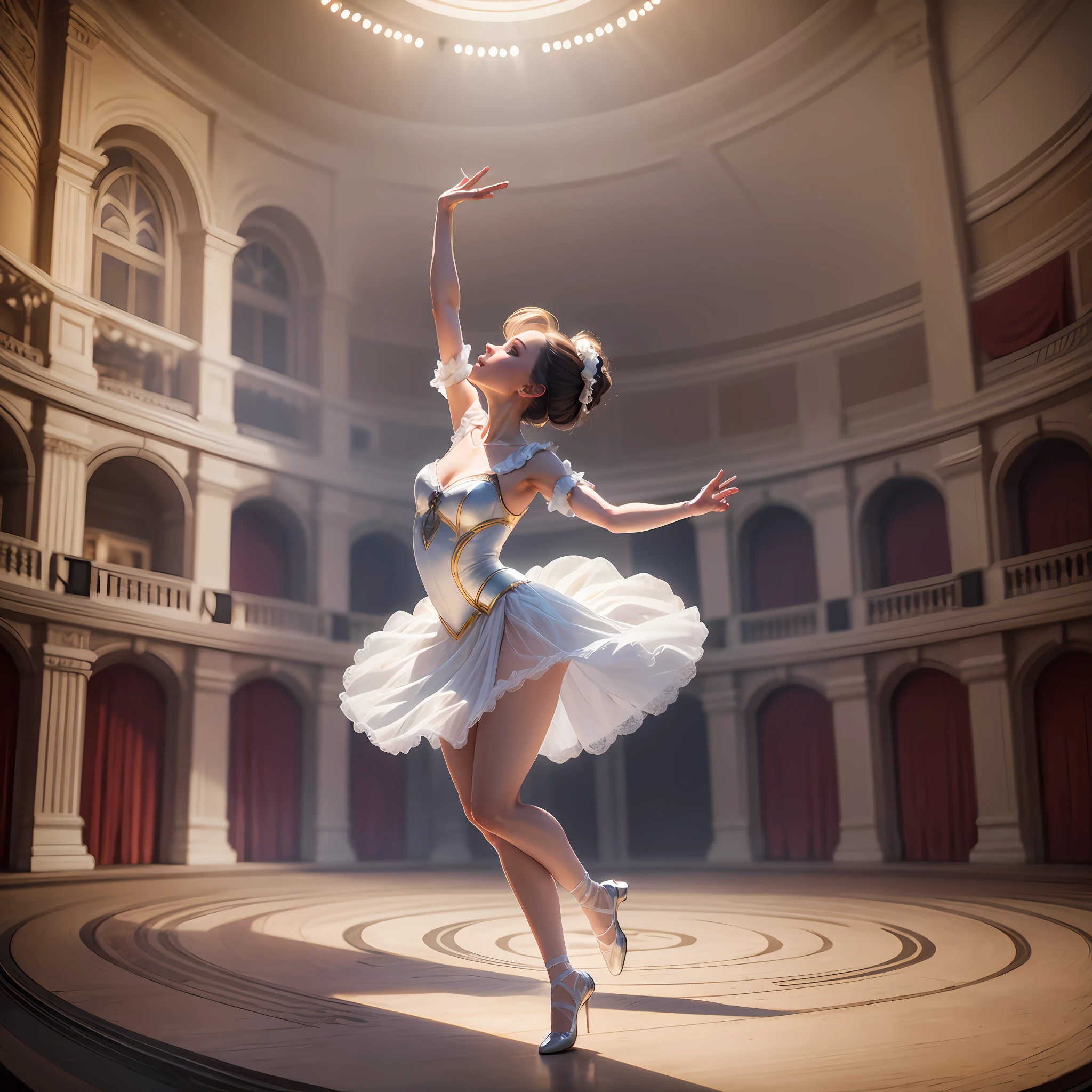 A captivating portrait of a classical ballerina in a historic theater, dressed in an immaculate white tutu, performing a grand jeté in the air, surrounded by the magical atmosphere of the stage illuminated by spotlights, Painting, acrylic paint on canvas, XF IQ4, 150MP, 50mm, ISO 1000, 1/250s, natural light, Adobe Lightroom, photolab, Affinity Photo, PhotoDirector 365, --ar 9:16 --v 5 --auto --s2