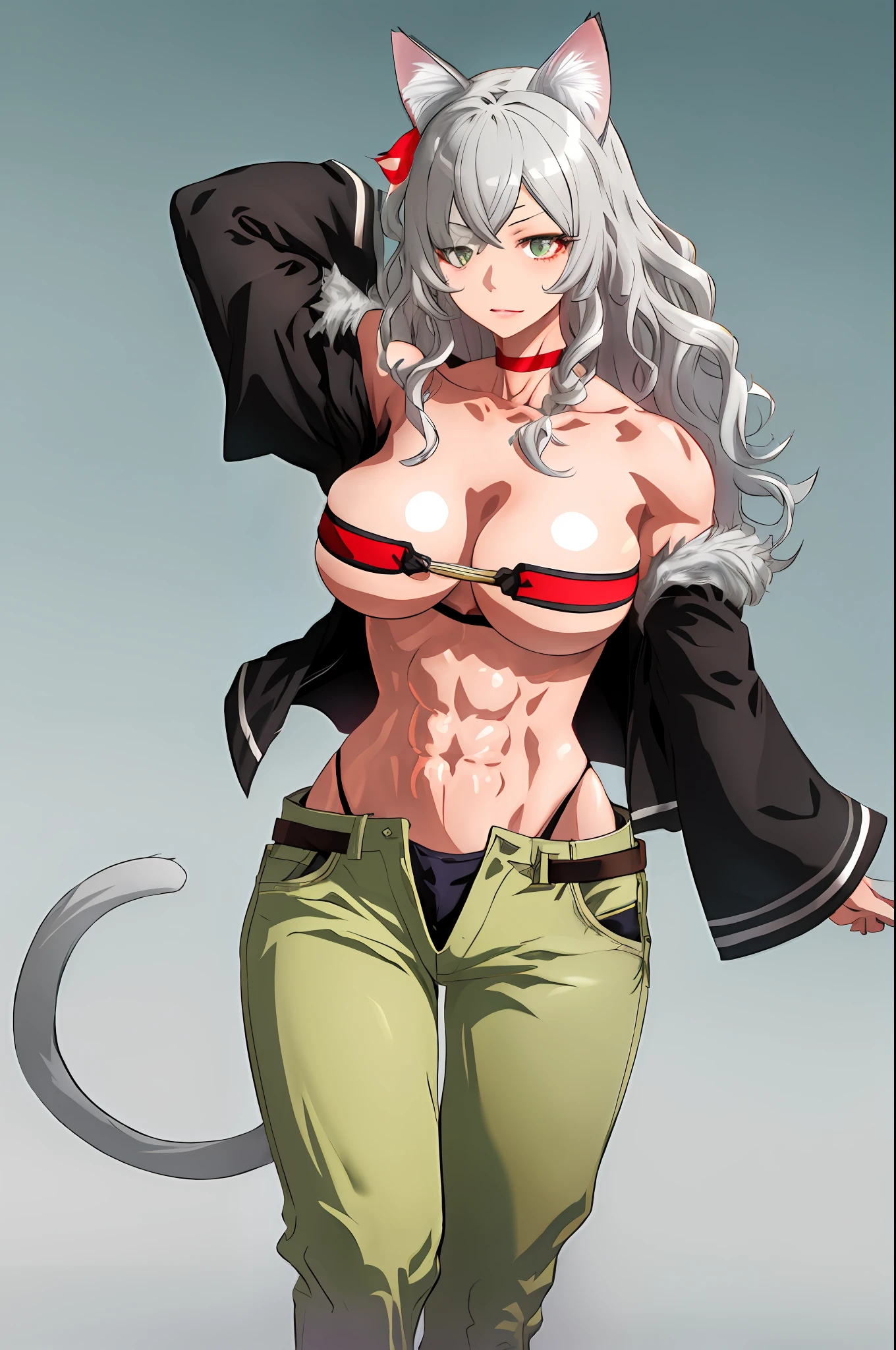 1girl, highres, sharp focus, pixiv masterpiece, ((intricate details)), highly detailed, one-eyed, grey hair, cat ears, red bandeau, muscular, green pants,