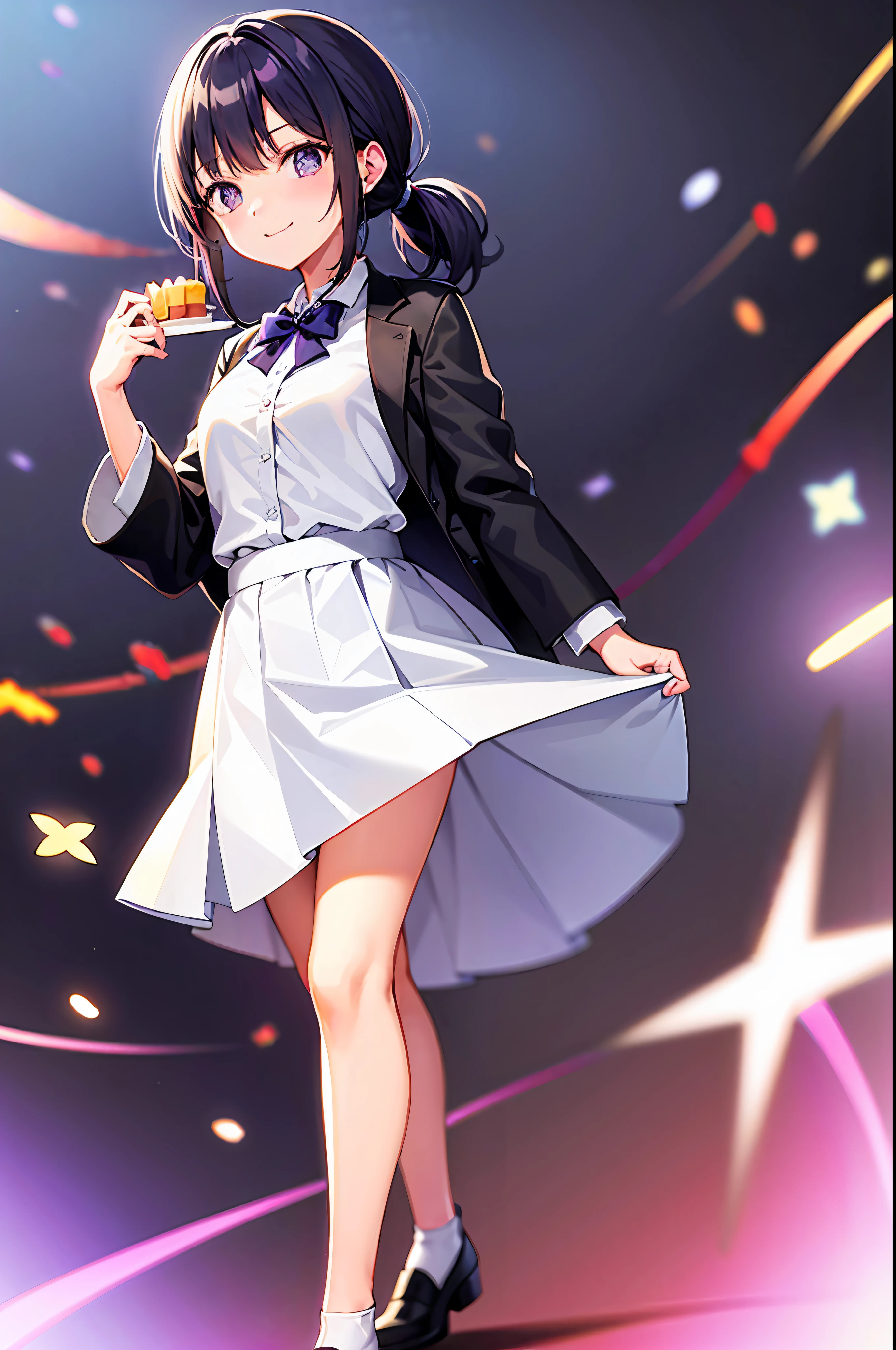 solo, hoshinoai, (16:9, high quality), (1girl:1.2), (solo:1.2), medium_face, indigo hair + high_ponytail, blunt bangs, purple + starry_eyes, smile, Light_face, Medium breasts, slenderwaist, Wide pelvic, thigh gaps, (formal clothes, white + laboratory coat), (black long skirt, black footwear, shoes), Single_earrin, standing, standing straight, (full body), (blurry background), holding birthday cake