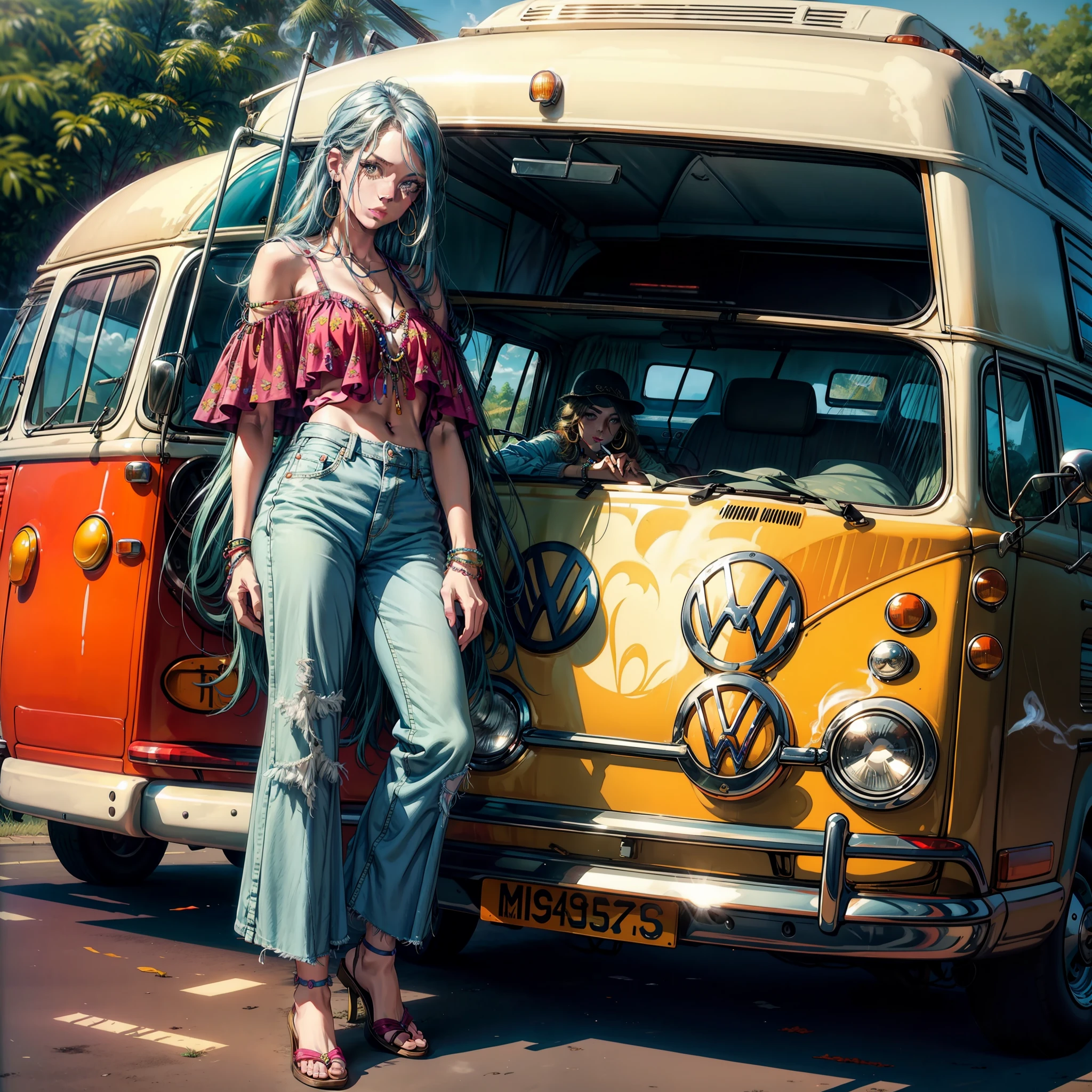 1970s style, hippie woman, bell-bottoms, low rise jeans, leaning against a volkswagen bus, smoking cigarette, colorful background