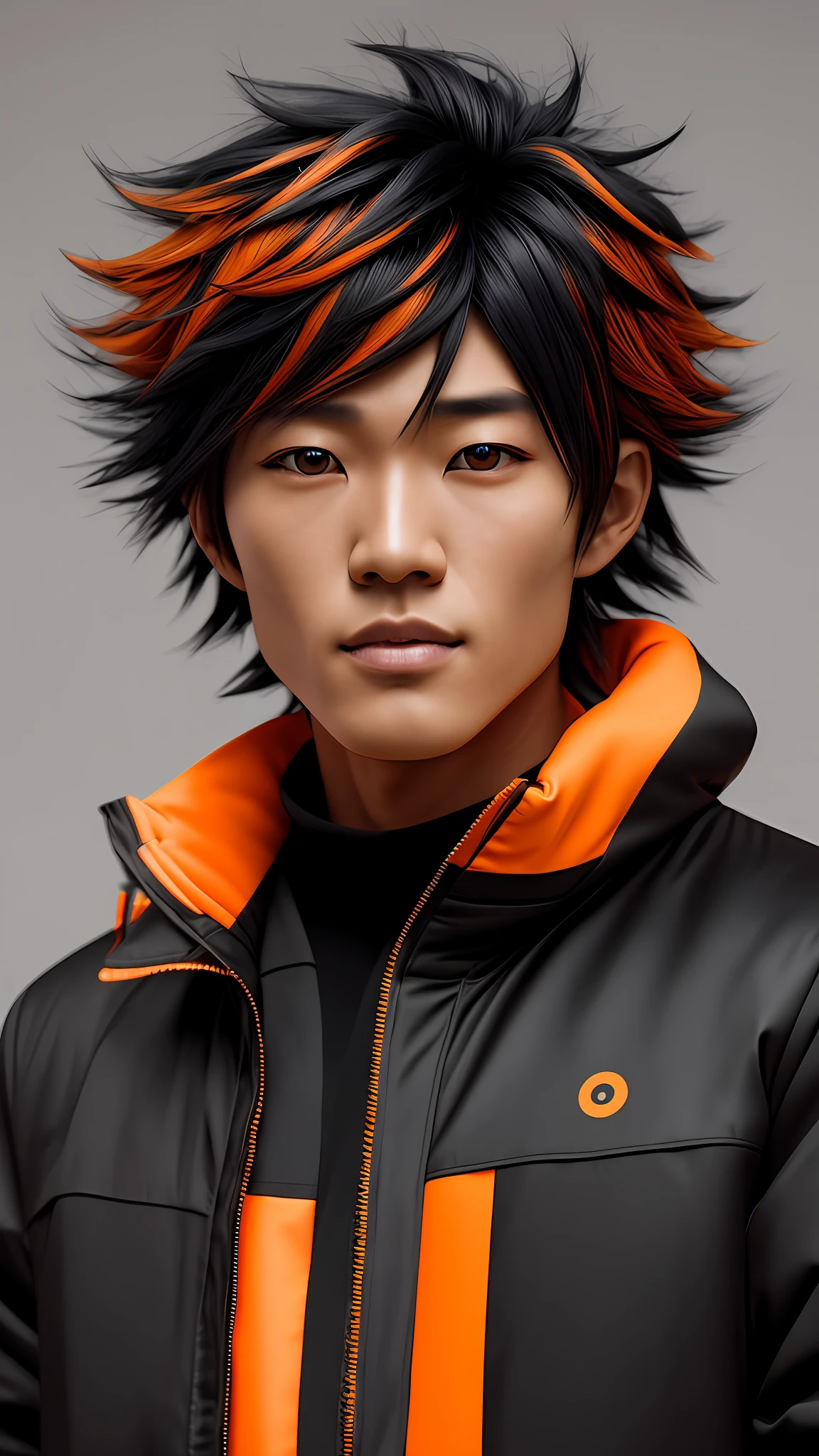 Yusei Fudo, black and orange hair, looking at the camera, wearing a black jacket, 1:3 photography, soft lighting, soft details, octane, artstation trend, ultra high detail, ultra realistic, cinematic, 16k