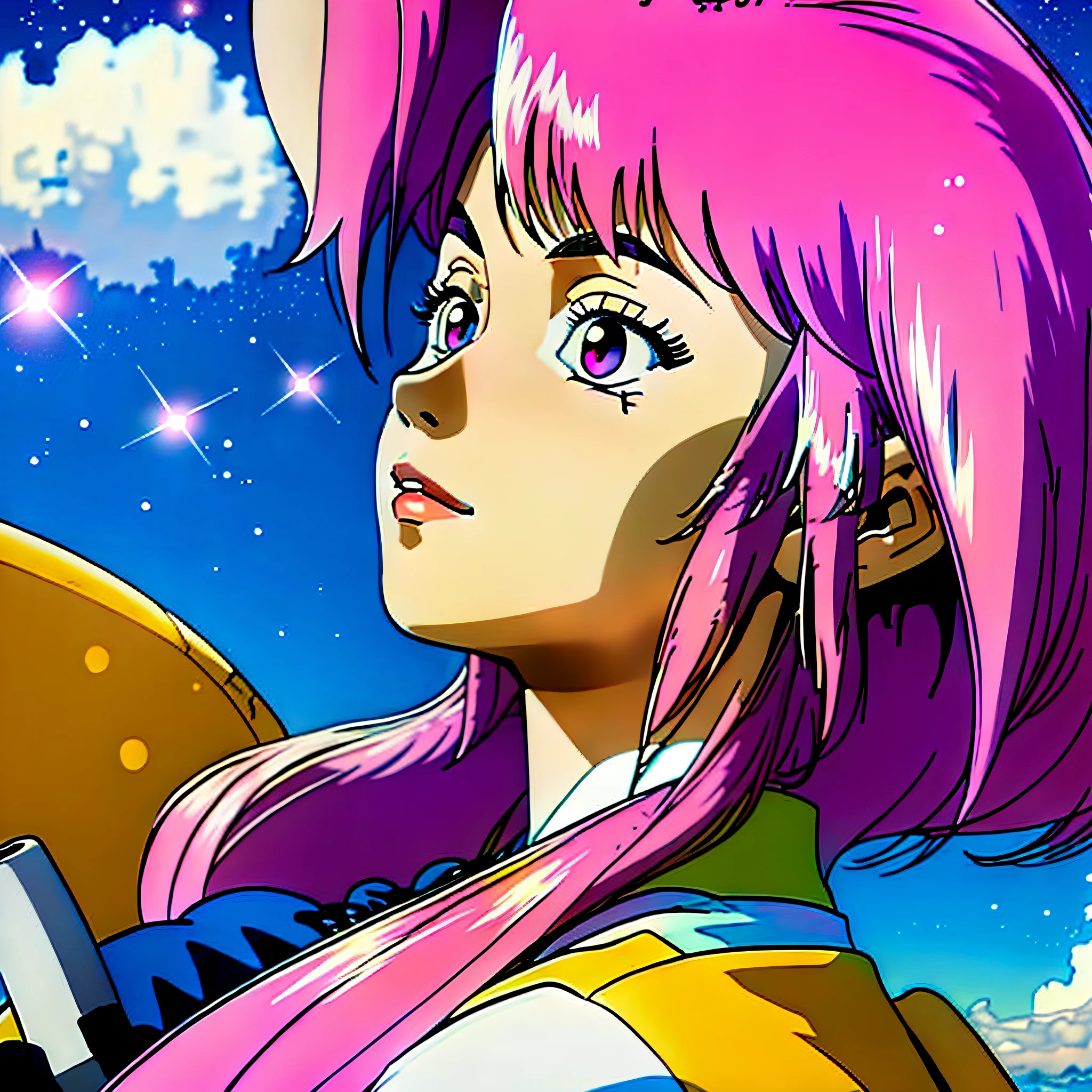 masterpiece, best quality, 1girl, 18 years old,adolescent ,bob , bob blue and pink hair,purple eyes, sky and stars background,center focus,Rabbit hair clip, look up,thin lips,