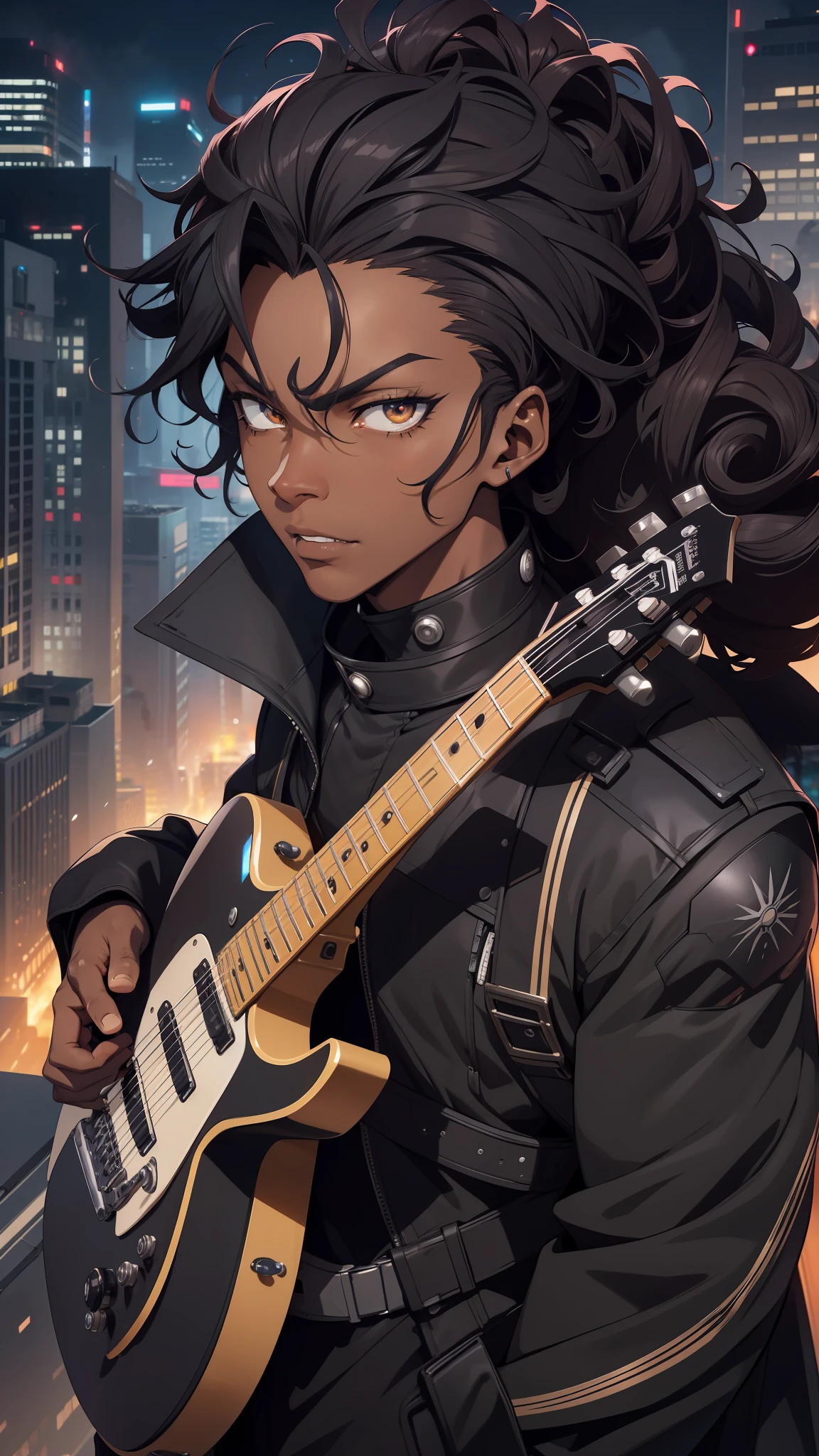 Turn that face into an anime villain, dark skin, Black Young Man, futuristic, Detailed Hair, Hair Focus, Masterpiece, Anime, Boku No Hero Academia, Futuristic, One Punch, Fearless, Charming, Best Resolution, Holding a Guitar, Snail Hair, Defined Curls, A Great Futuristic City in the Background, Detailed Outfits, Villain Outfit