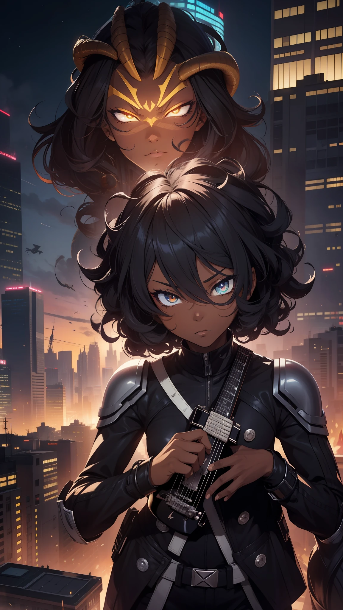 Turn that face into an anime villain, dark skin, Black Young Man, futuristic, Detailed Hair, Hair Focus, Masterpiece, Anime, Boku No Hero Academia, Futuristic, One Punch, Fearless, Charming, Best Resolution, Holding a Guitar, Snail Hair, Defined Curls, A Great Futuristic City in the Background, Detailed Outfits, Villain Outfit