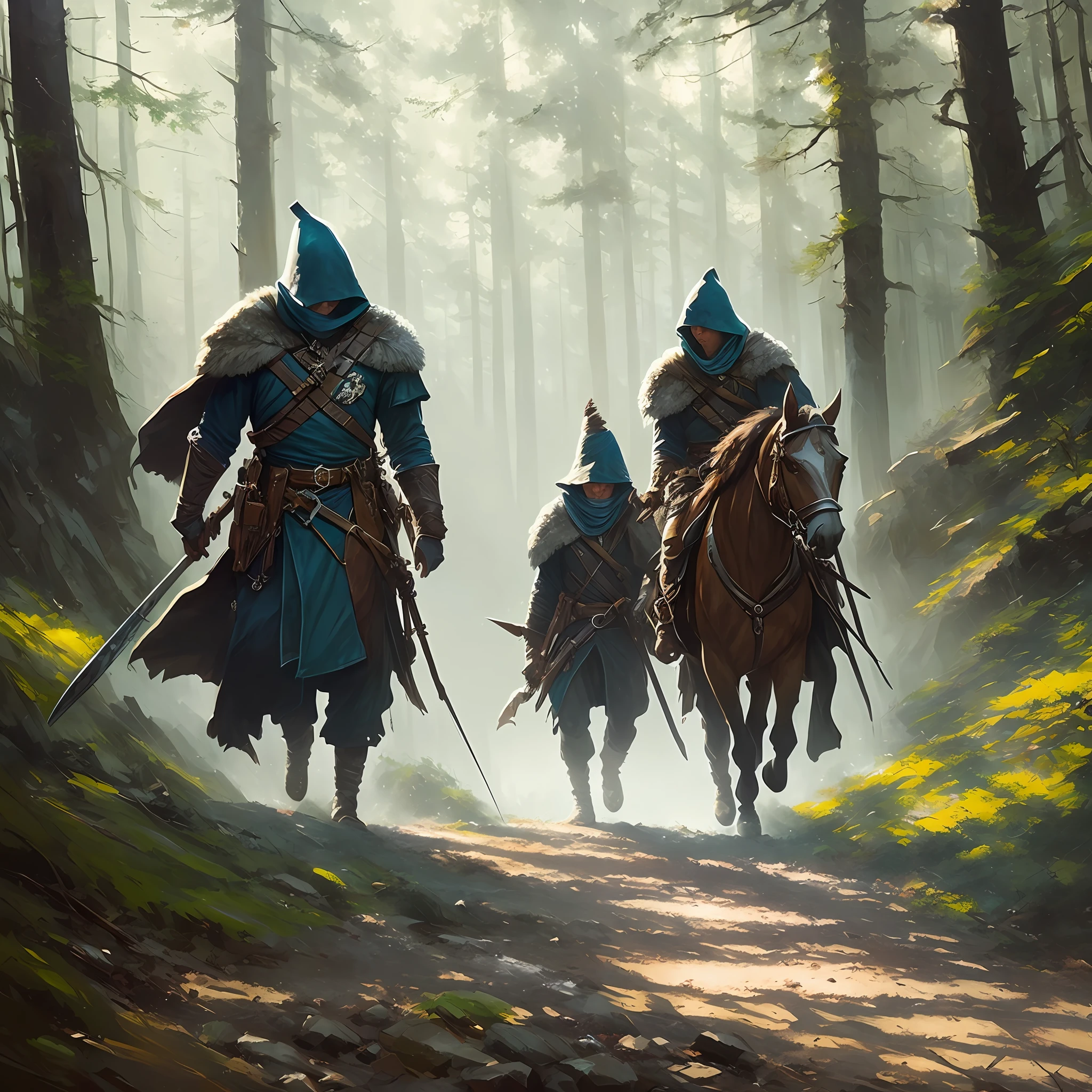 3 thugs , on the trail woods, threating , rpg, dnd, medieval, fantasy rpg, professional majestic oil painting by Ed Blinkey, Atey Ghailan, Studio Ghibli, by Jeremy Mann, Greg Manchess, Antonio Moro, trending on ArtStation, trending on CGSociety, Intricate, High Detail, Sharp focus, dramatic, photorealistic painting art by midjourney and greg rutkowski