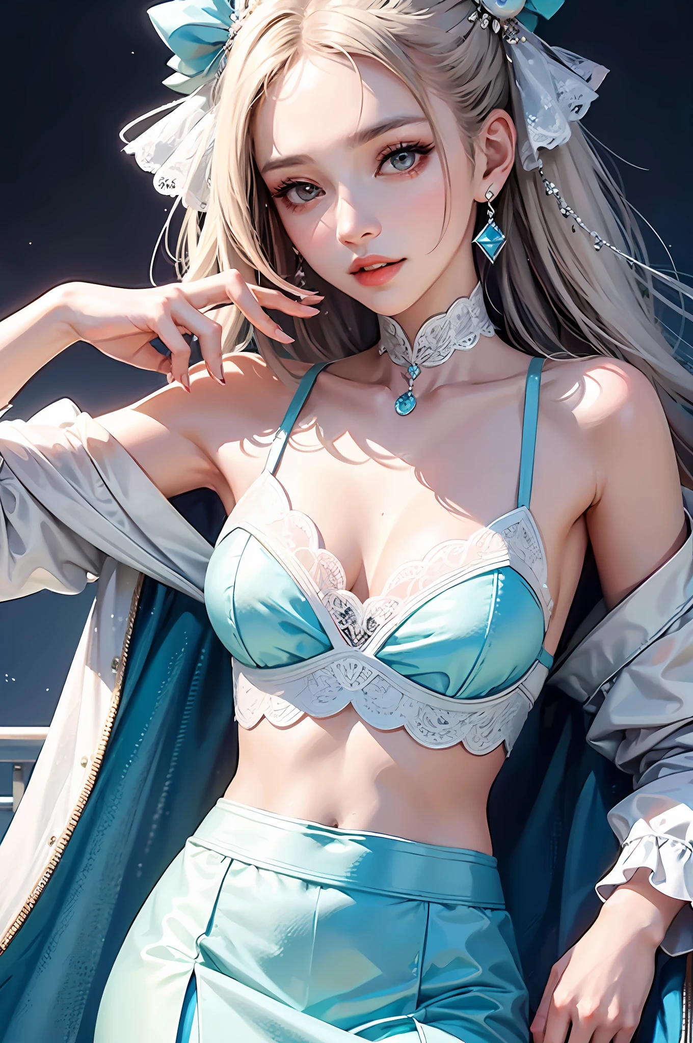 Fashion trendy beautiful and charming woman, gentle and charming Chinese beautiful woman, delicate and sexy collarbone, charming oval face, double eyelids, smart peach blossom eyes, pink lips, small nose, bare shoulders, focus on the face, close-up of the face, Ultra-high-definition, super-detailed, the white off-the-shoulder shirt perfectly echoes the light blue slit skirt, fresh and impressive