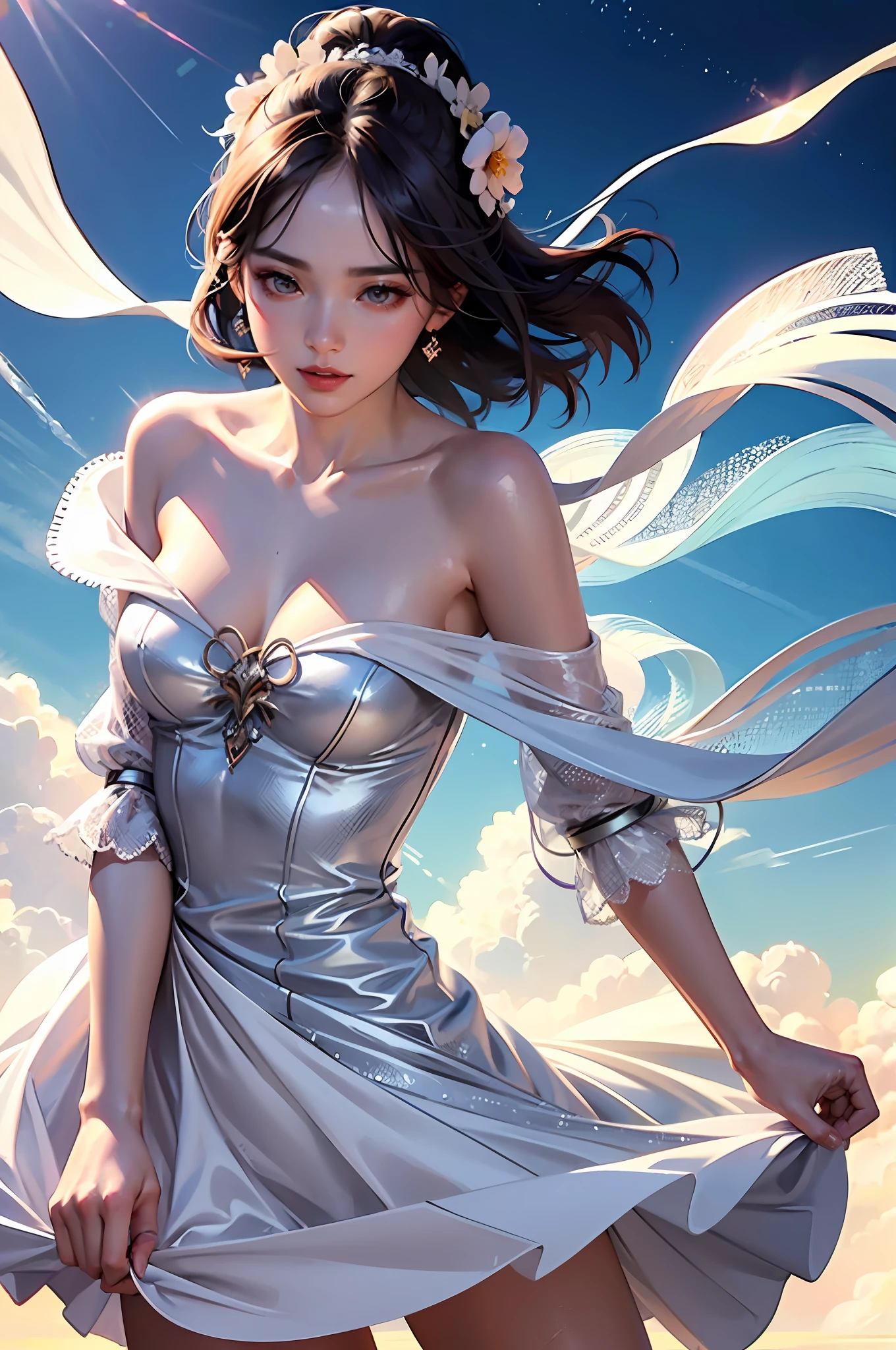 Fashion trendy beautiful and charming woman, gentle and charming Chinese beautiful woman, delicate and sexy collarbone, charming oval face, double eyelids, smart peach blossom eyes, pink lips, small nose, bare shoulders, focus on the face, close-up of the face, Ultra-high-definition, super-detailed, the white off-the-shoulder shirt perfectly echoes the light blue slit skirt, fresh and impressive
