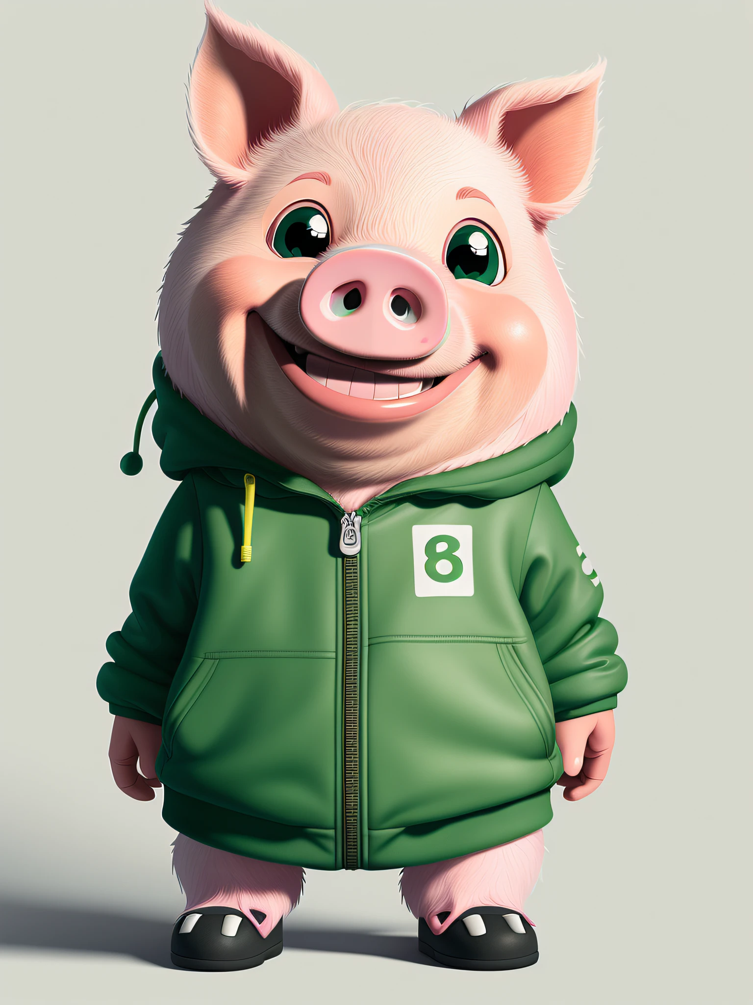 (CG unity 8k wallpaper extremely detailed, masterpiece, best quality, super detailed), cartoon, cute, depth of field, cute little pig, smiling, mascotery, pmg white background, humanoid, cute face, green jacket, friendly smile,black pants, sneakers, art station, detailed digital painting, cinematic, character design