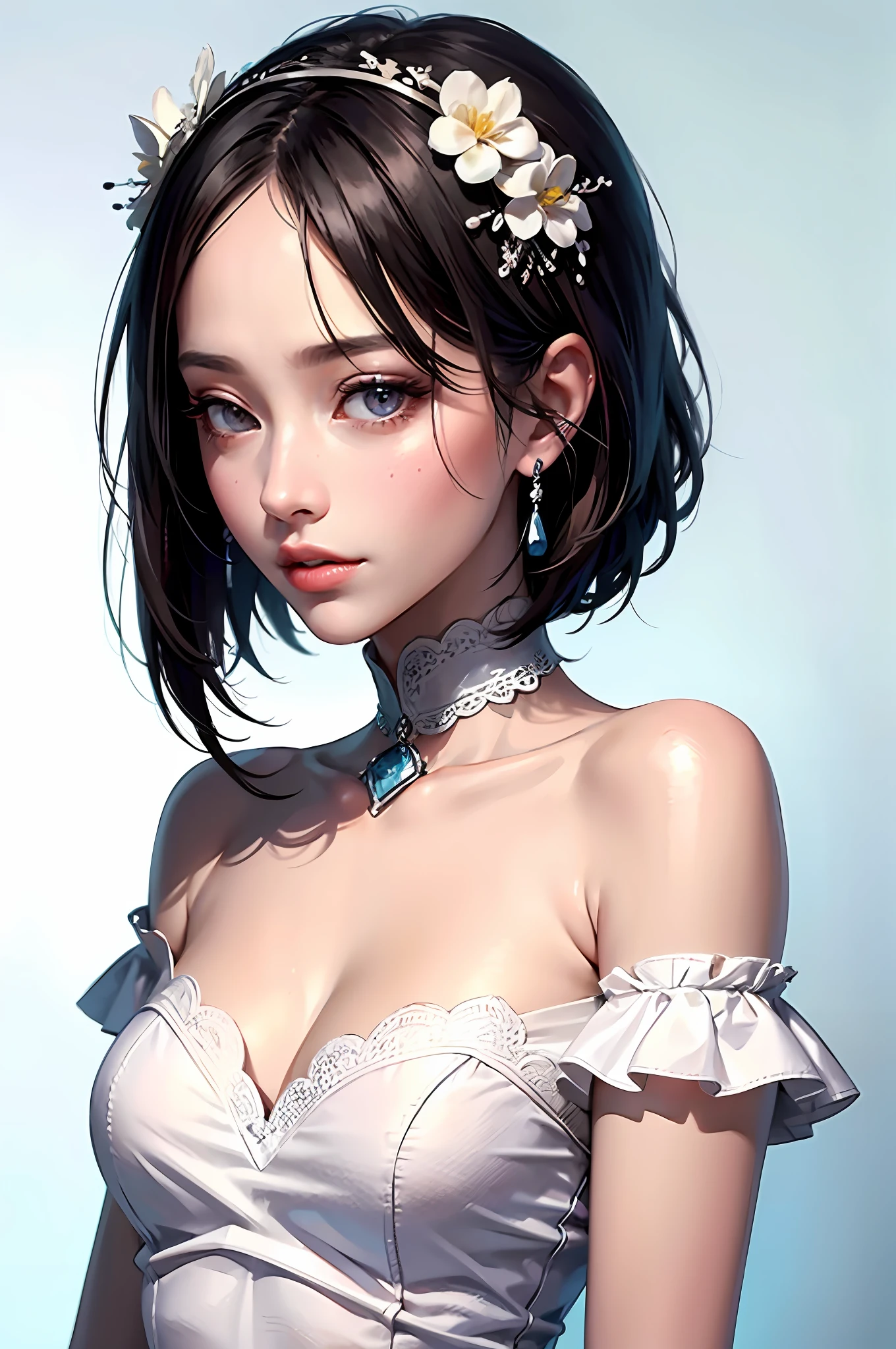 Fashion trendy beautiful and charming woman, gentle and charming Chinese beautiful woman, delicate and sexy collarbone, charming oval face, double eyelids, smart peach blossom eyes, pink lips, small nose, bare shoulders, focus on the face, close-up of the face, Ultra-high-definition, super-detailed, the white off-the-shoulder shirt perfectly echoes the light blue slit skirt, fresh and impressive