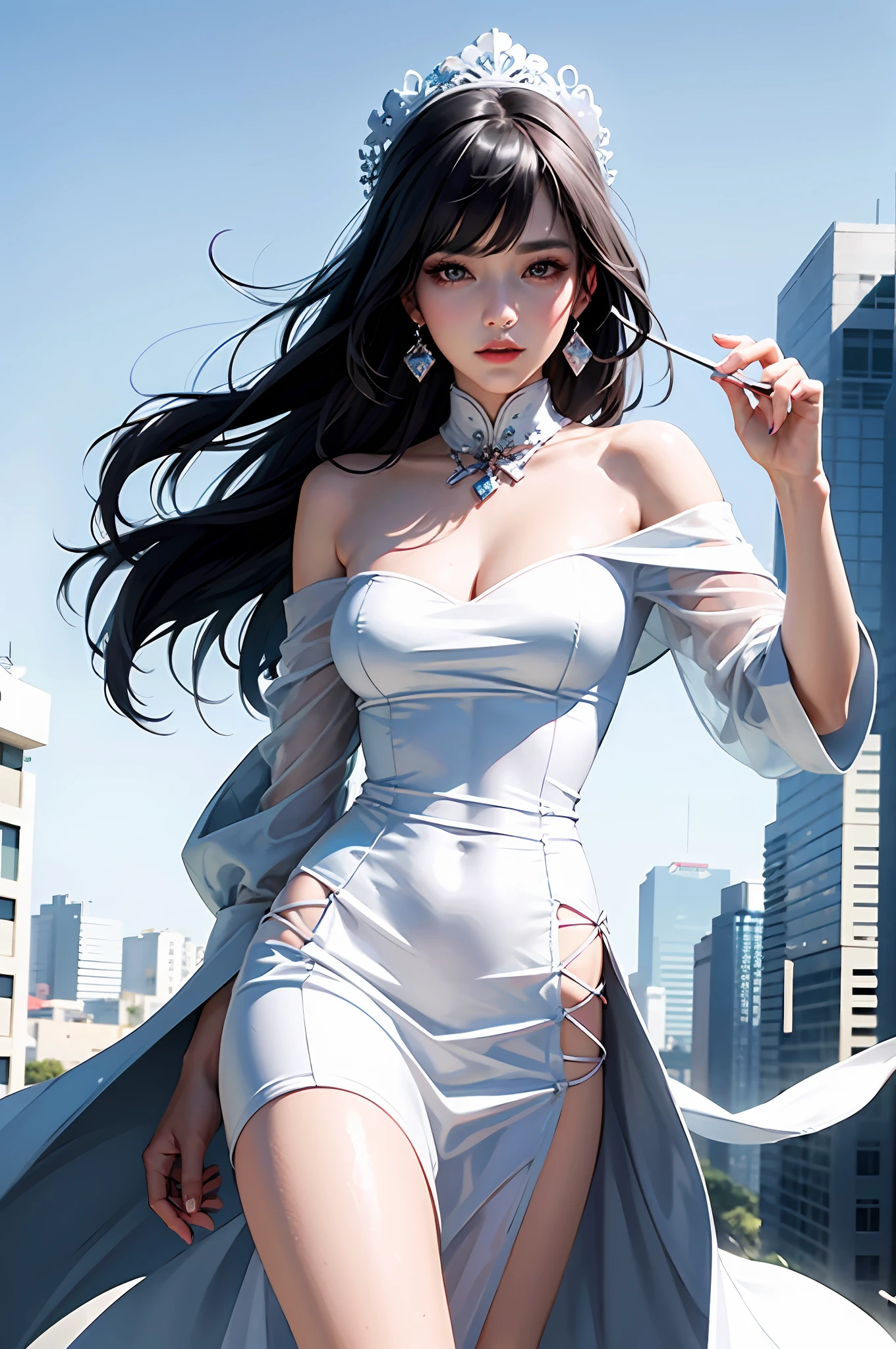 Fashion trendy beautiful and charming woman, gentle and charming Chinese beautiful woman, delicate and sexy collarbone, charming oval face, double eyelids, smart peach blossom eyes, pink lips, small nose, bare shoulders, focus on the face, close-up of the face, Ultra-high-definition, super-detailed, the white off-the-shoulder shirt perfectly echoes the light blue slit skirt, fresh and impressive